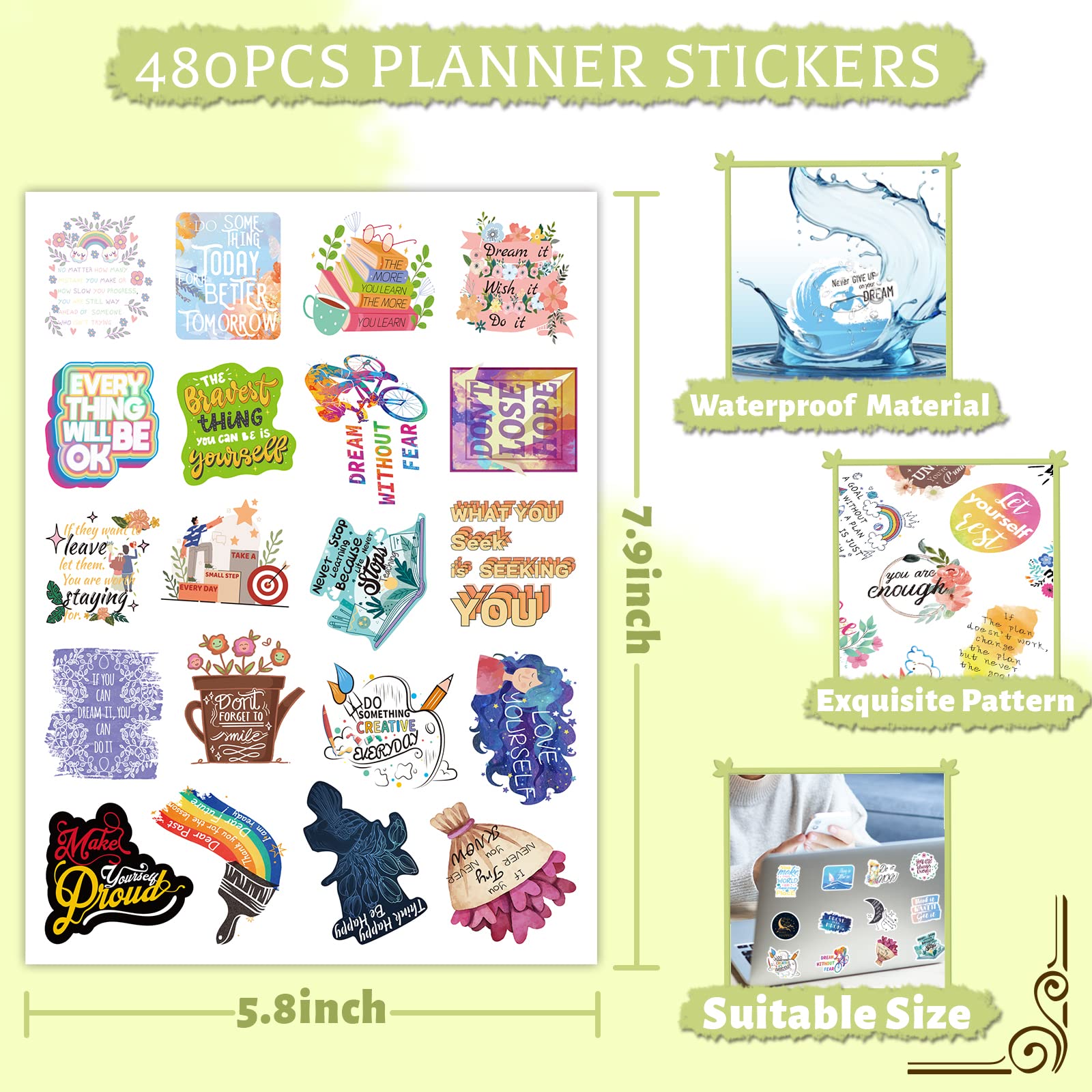 24 Blatt Motivierende Zitate Planer Aufkleber für Journaling, 480 Stück inspirierende Aufkleber für Scrapbook, Kalender, Laptop für Frauen, Erwachsene, Lehrer