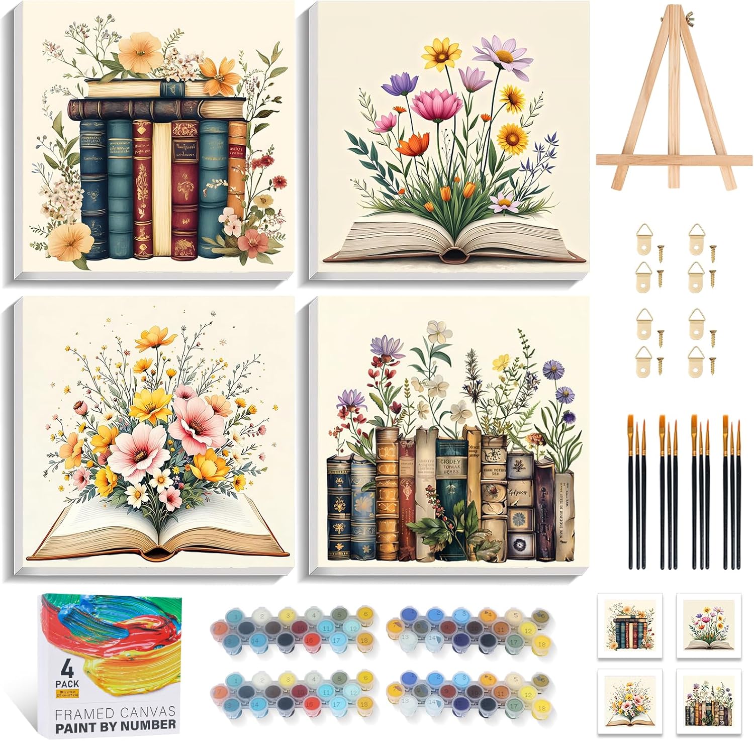 Yezavesu 4 Pack Framed Paint by Numbers Kit for Adults Beginner with Wooden Easel, Book Paint by Number Kits with Frame, DIY Acrylic Flowers Painting by Numbers for Home Wall Decor Gift 10x10 Inch