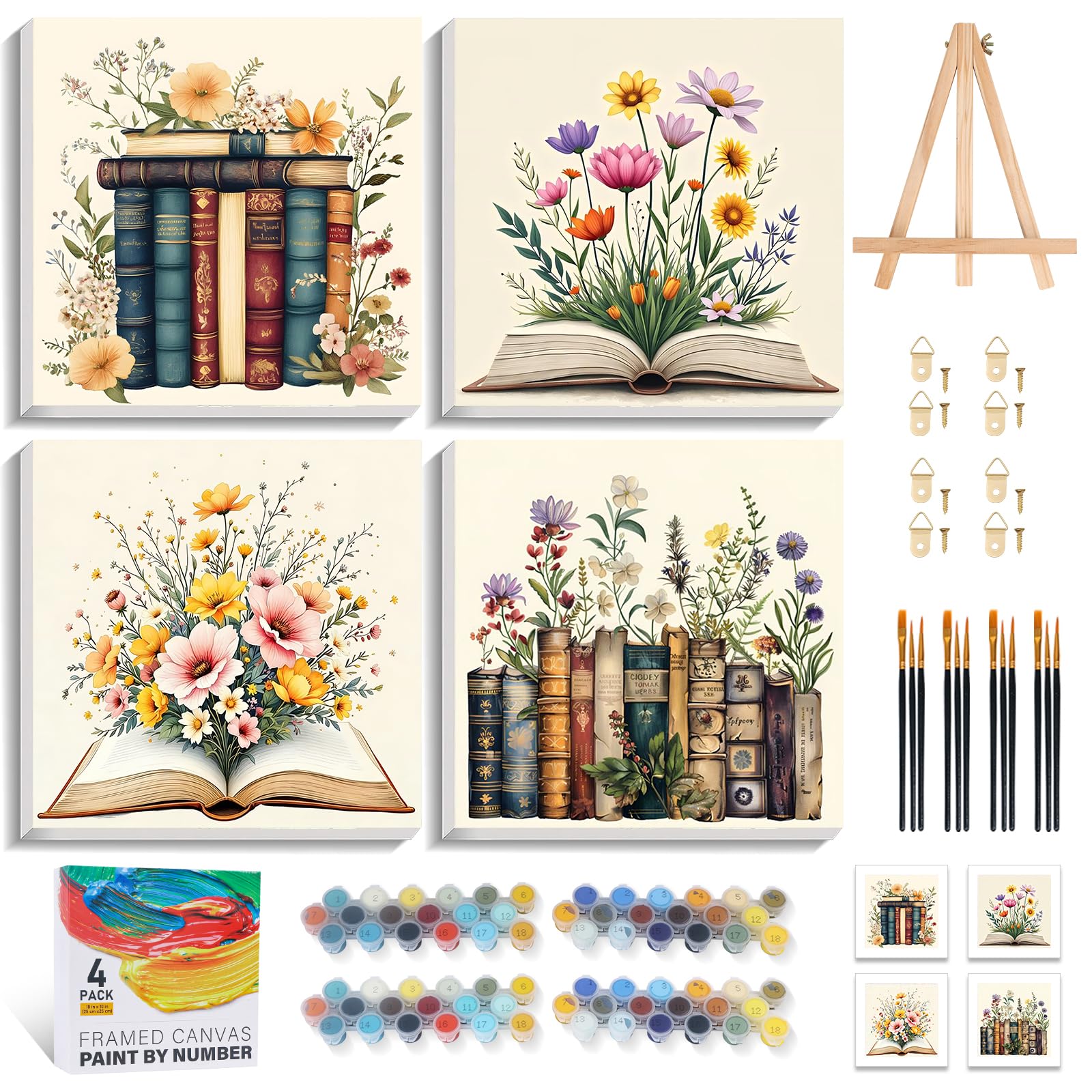 Fountor 4Pf-2525Cm-01 4 Pack Paint By Numbers For Adults With Frame, Book Adult Paint By Number Canvas Kits With Wooden Easel, Diy Acrylic Flowers Painting By Numbers For Home Wall Decor Gift 8X12 Inch/20X30cm