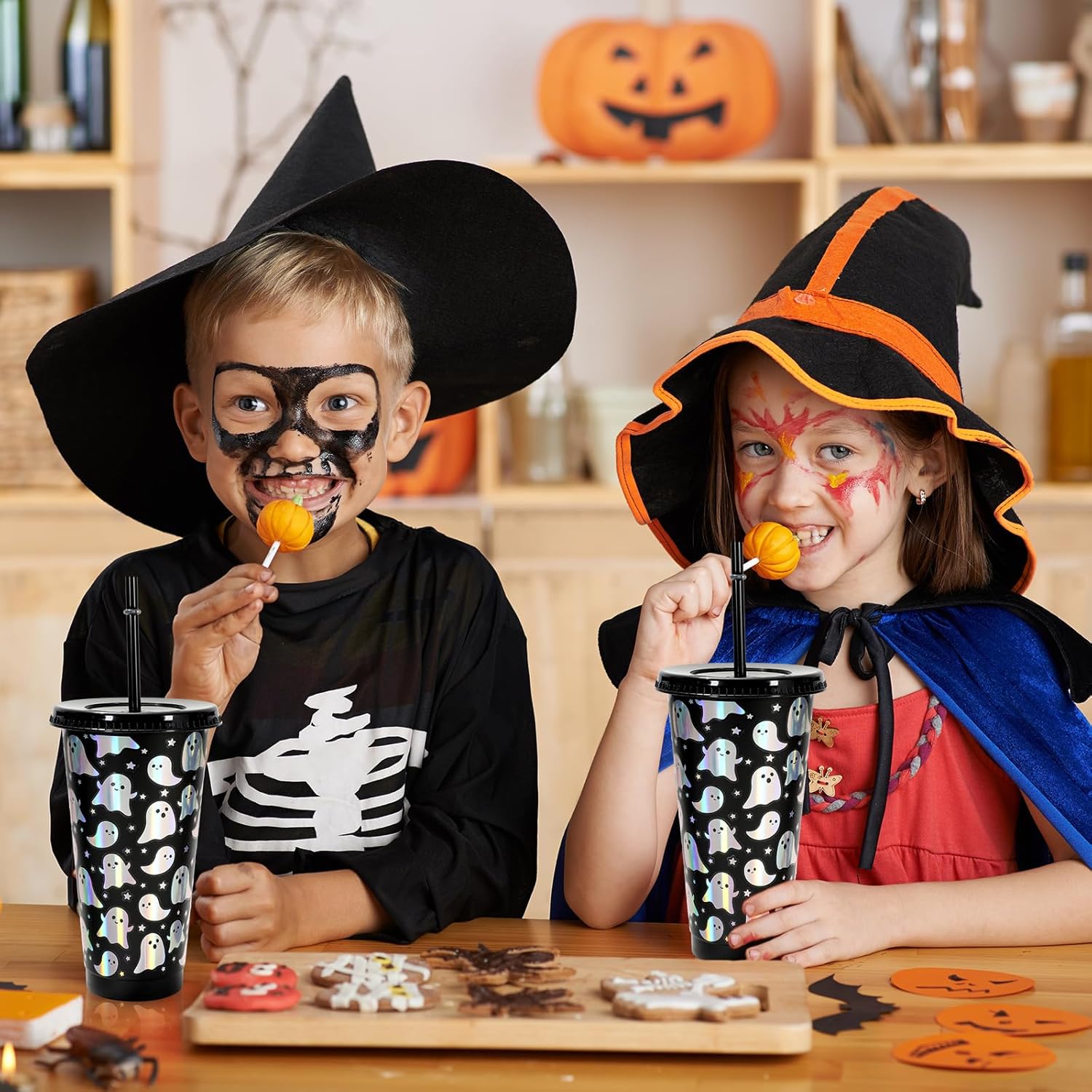 Whaline 12Pcs Halloween Ghost Plastic Cups Holographic Black Iridescent Boo Plastic Tumbler Cold Cup with Straw and Lids for Home Office Party Supplies - Image 6