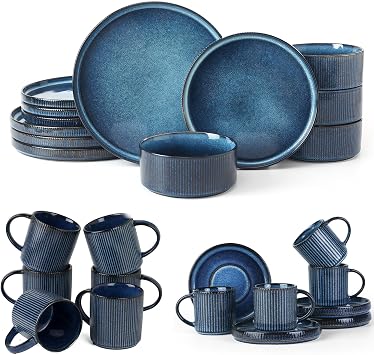 Famiware Dinnerware Set for 4 12 Piece and 12oz Mug Set 6 Piece and 3oz Espresso Cups and Saucers Set- Star Stoneware Dishes - Nebulas Blue