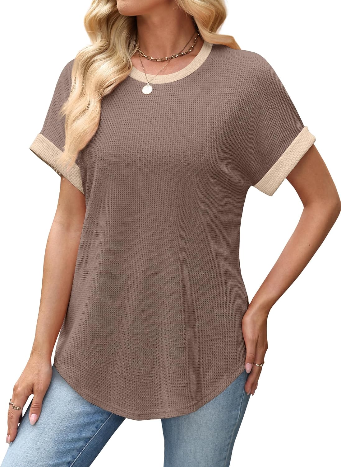 Sampeel Summer Tops for Women 2026 Trendy Rolled Short Sleeve Shirts Waffle Knit Crew Neck Tops Curved Hem Fashion Clothing - Image 4