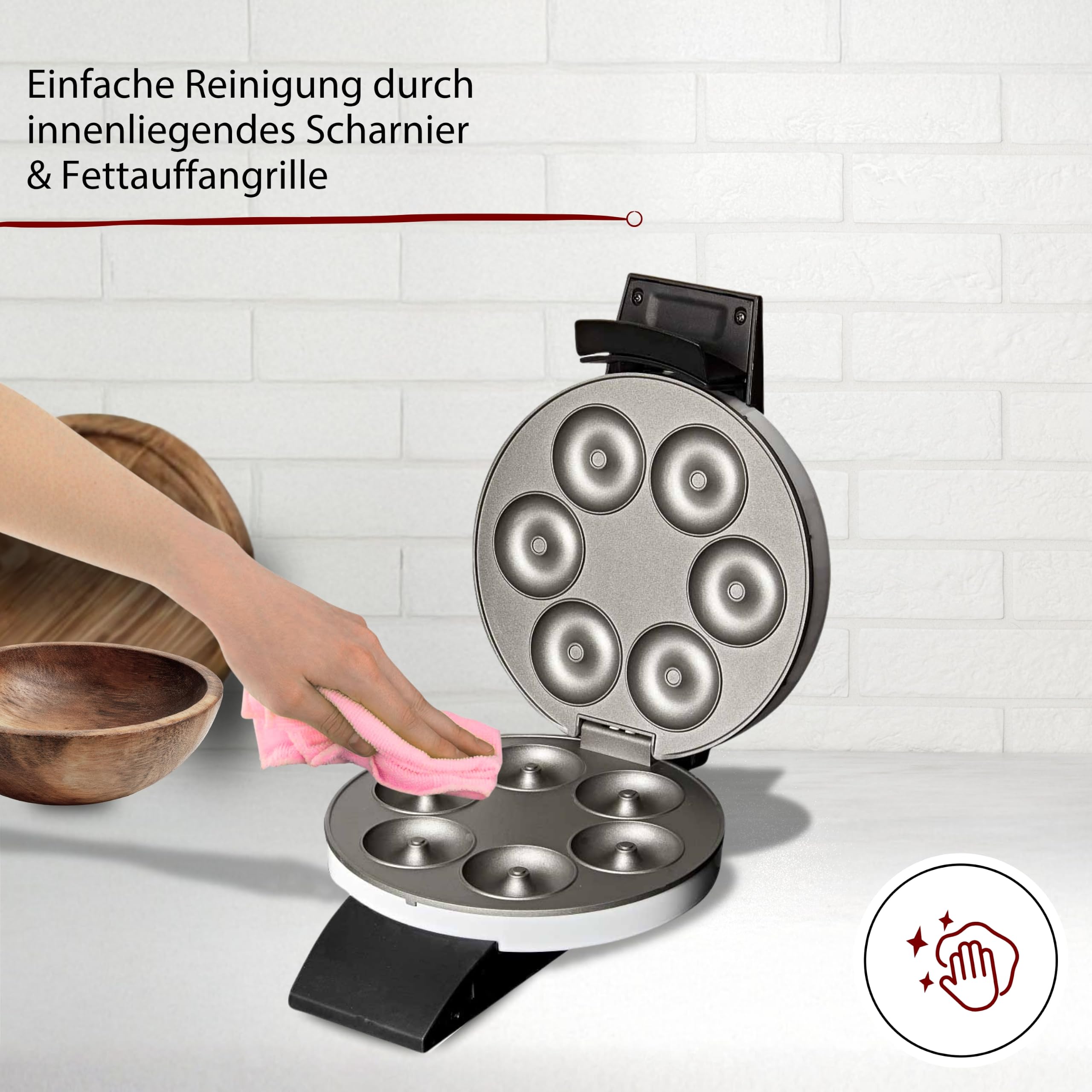 Cloer 6121 Donut Maker für 6 Mini-Donuts oder Bagels, Antihaftbeschichtung, rote Kontrollleuchte, platzsparend verstaubar, Kabelaufwicklung, Steckerdepot, weißes Metallgehäuse, 520W