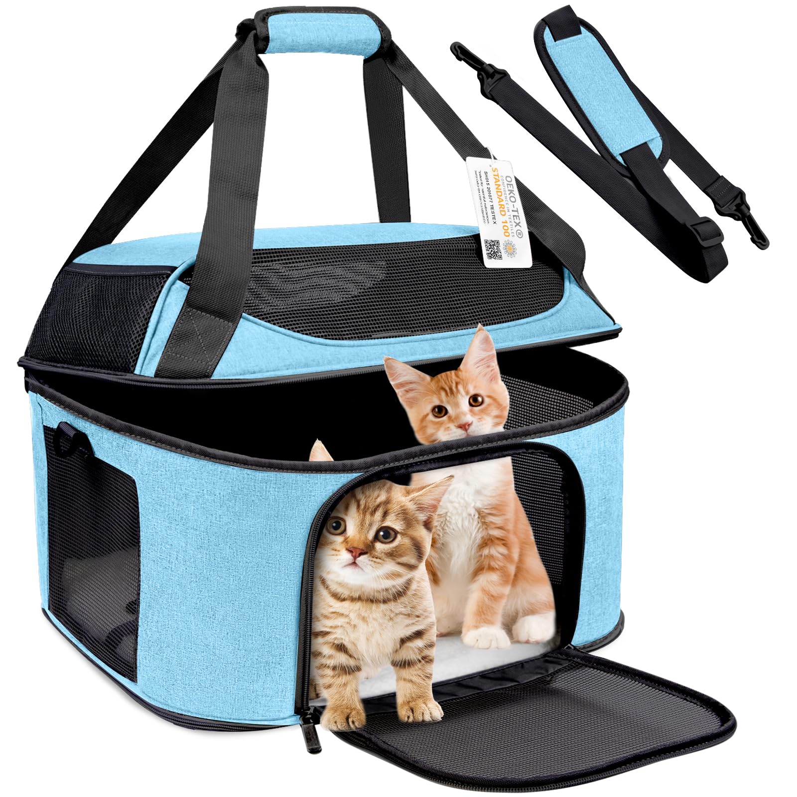 Transportín Grande para 2 Gatos, Perros pequeños y Mascotas de hasta 9 kg, Laterales Blandos, Plegable, homologación TSA para vuelos, Color Azul