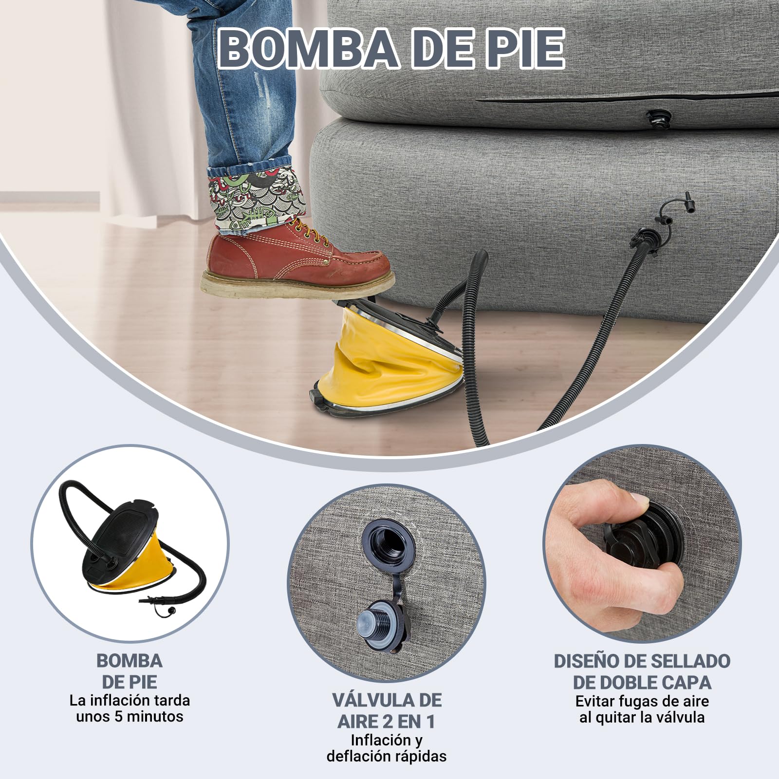 KingCamp Sofá Inflable 2 Asientos con Bomba de Pedal Durable,Tela Desmontable y Lavable, para Camping Familiar Jardín Festival de música
