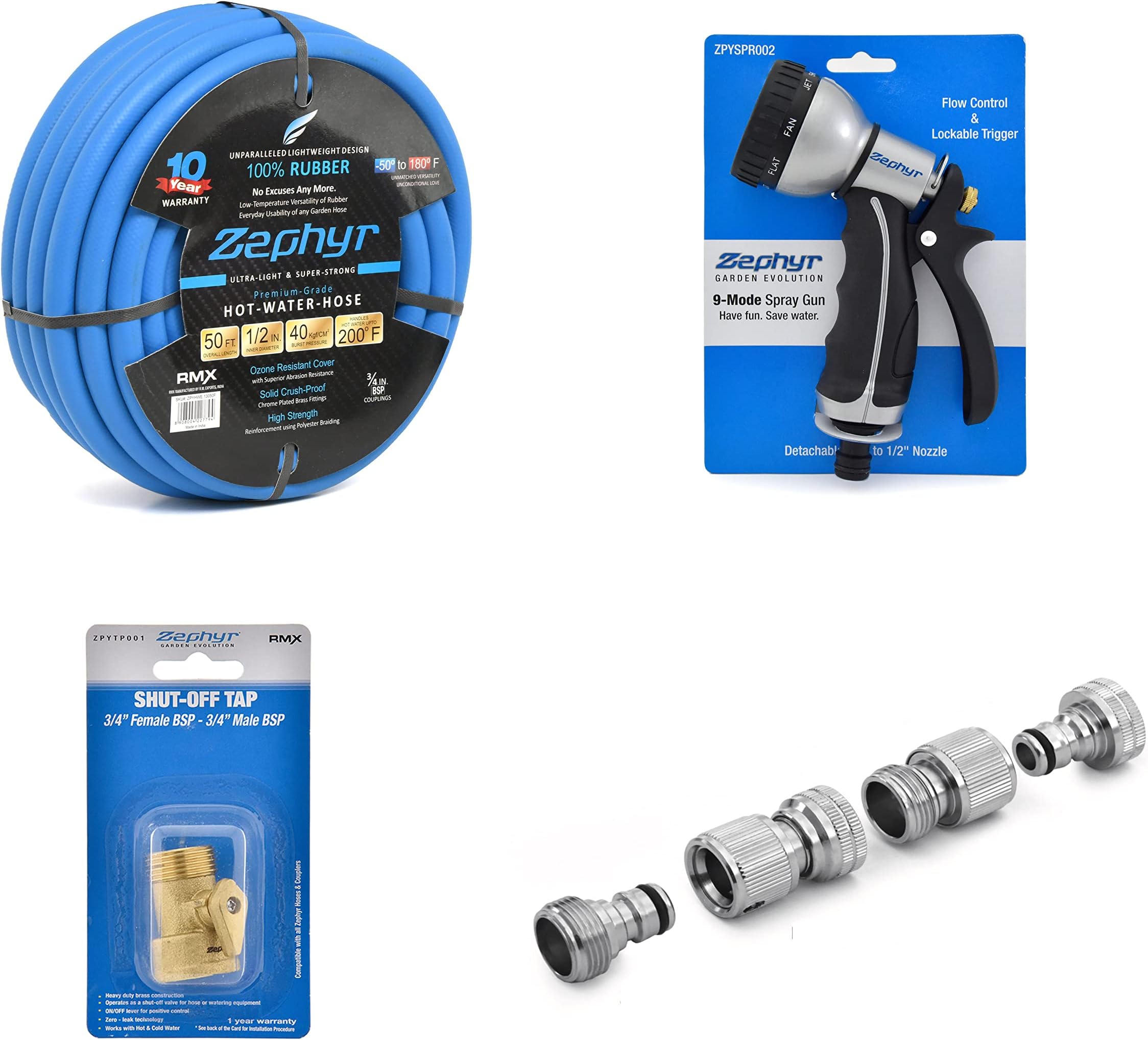 - Zephyr Hose-Spray Set (50ft, Multicolour, 4-Pieces)