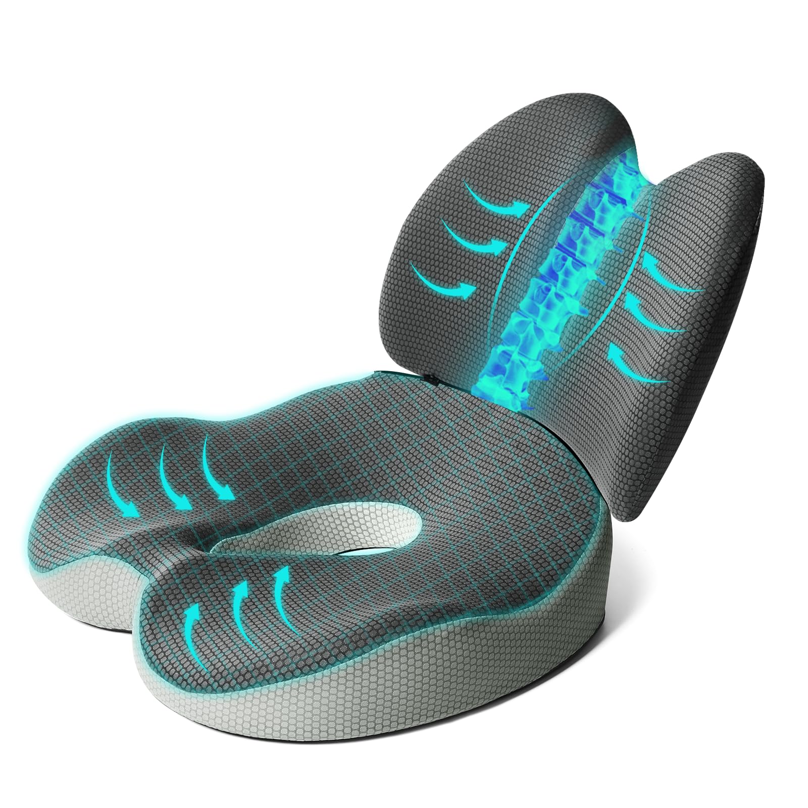 2 in 1 Seat Cushion and Lumbar Support Pillow, Ergonomic Memory Foam Seat Chair Cushion & Back Support for Coccyx Sciatica Hemorrhoid Tailbone Back Pain Relief, for Office Chair, Car, Wheelchair