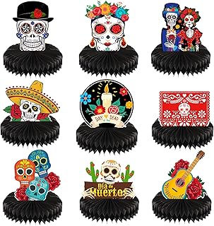 9 Pieces Day of the Dead Honeycomb Table Centerpieces Dia De Los Muertos Table Decorations Sugar Skull Table Toppers Cutouts Halloween Table Decorations for Day of the Dead Halloween Party Supplies