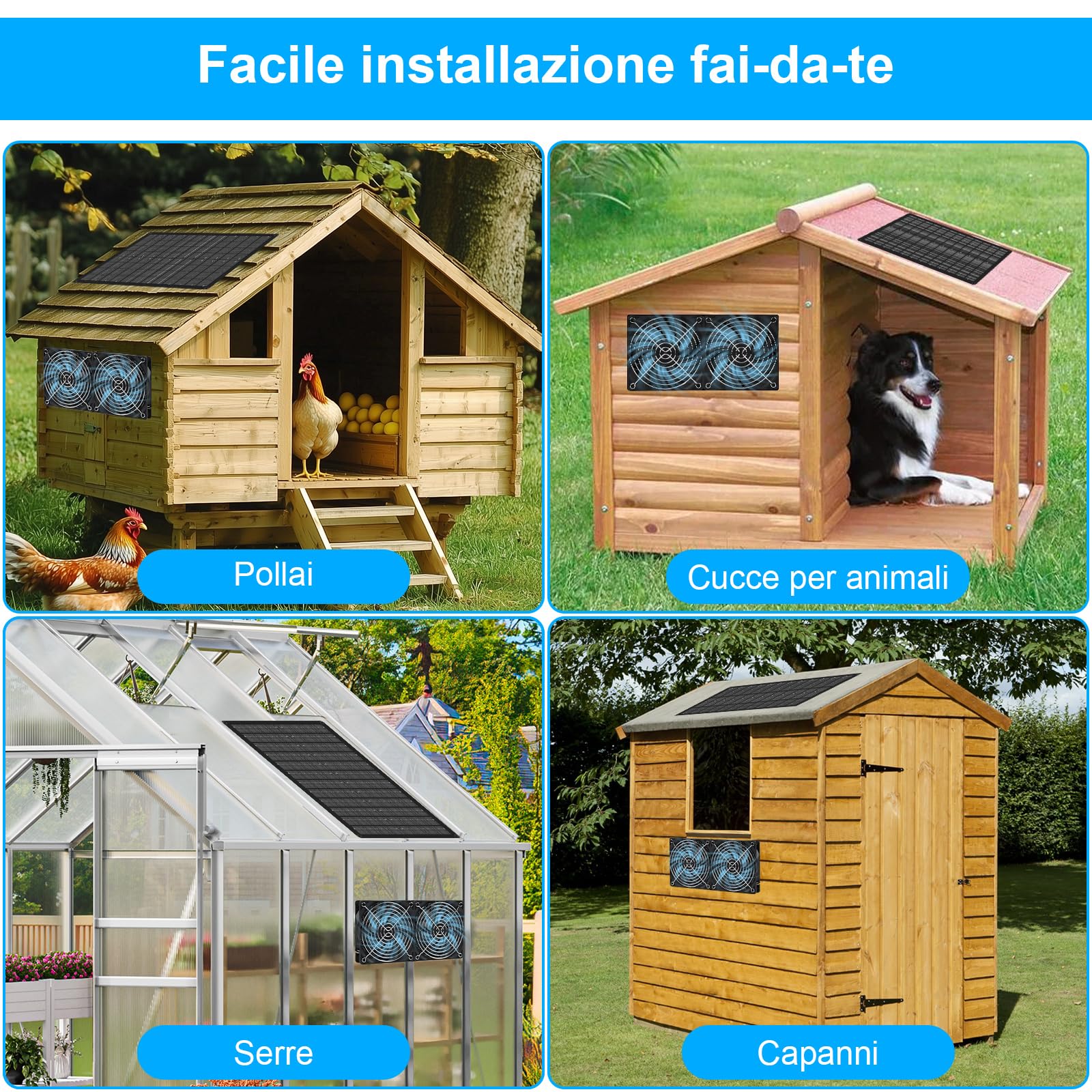 Ventilatore Solare per Serra, Pollaio, Casetta da Giardino, Cuccia Kit di Ventilatori a Pannello Solare 15 W con Doppia Ventola, Impermeabile, Aspirazione e Scarico