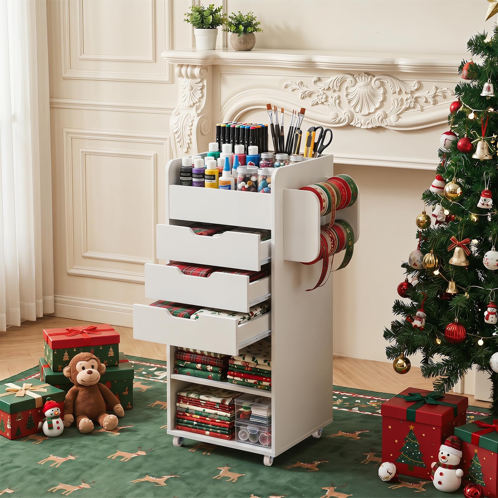 COSTWAY Carrito Utilitario con Ruedas para, 48,5 x 33 x 85 cm (Blanco) | Carrito Auxiliar para Manualidades con Estantes Abiertos, 3 Cajones y 3 Compartimentos, Carro Multiusos para Manualidades