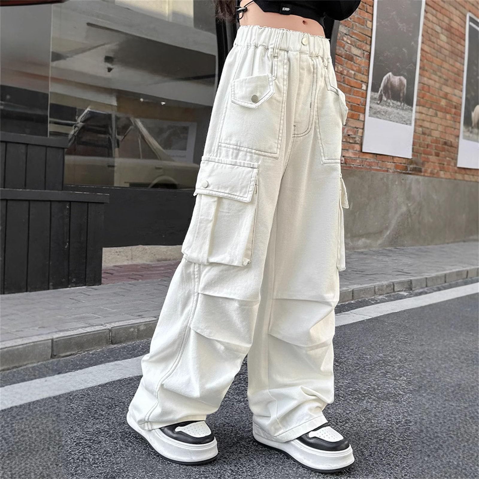 Pantalones deportivos holgados de pierna ancha Y2K para niñas, pantalones deportivos casuales con bolsillos, cintura alta elástica, pierna recta, pantalones personalizados