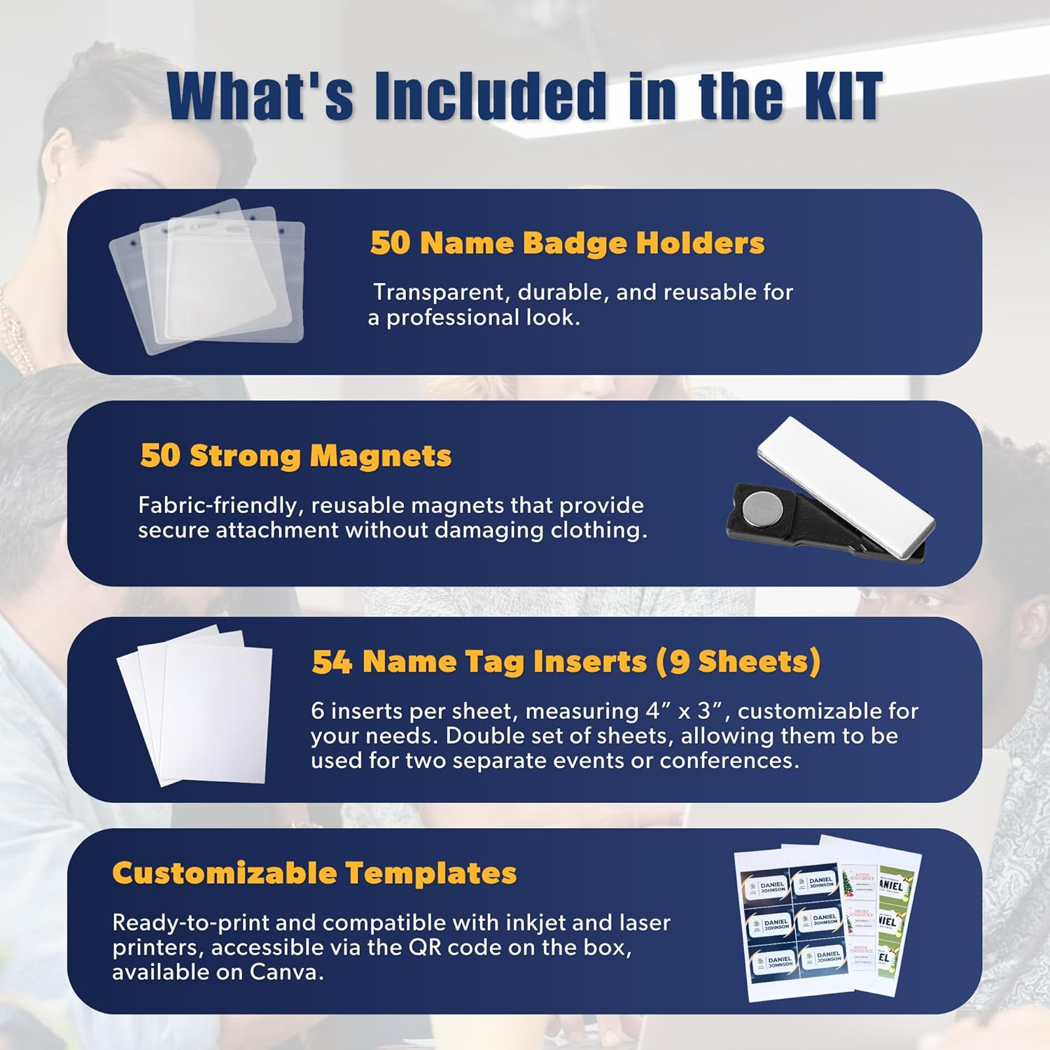 50 Pack Magnetic Name Badge Holders, Complete Kit, 4" x 3", Customizable Id Tag Holders with Fabric-Friendly Magnets, for Conferences, Offices & Events, Includes 54 Printable Inserts - Image 2