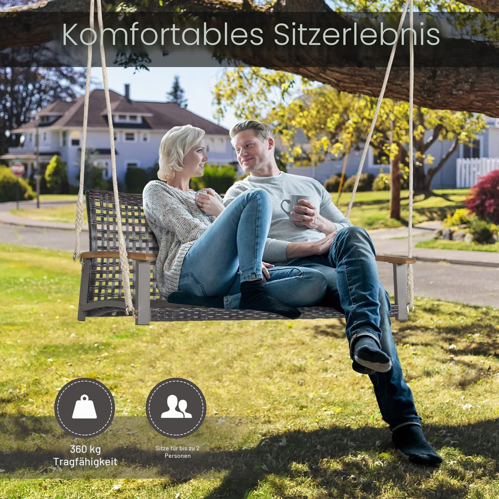GIANTEX Schaukelbank Outdoor 2 Sitzer, Hängebank PE-Rattan, Gartenschaukel Veranda-Schaukel zum Aufhängen, bis 360 kg belastbar, Hollywoodschaukel Schaukel für Balkon Veranda Terrasse