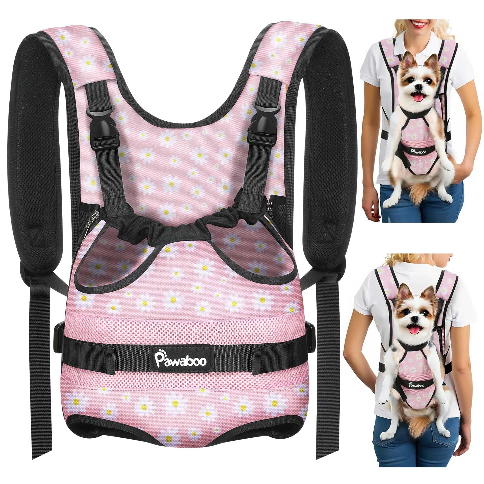 Pawaboo Zaino Frontale per Cani, Trasportino per Cani con Zampe Fuori, Pettorina Regolabile Facile da Indossare per Canis di Taglia Piccola e Media, Mani Libere per Viaggi, M, Margherita Rosa