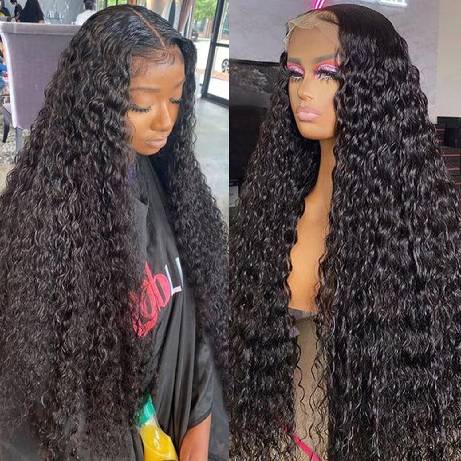 Lemoda 13x6 Full Lace Frontal Wigs 32Inch Water Wave HD 13x6 Full Lace Front Human Hair Wig Wet and Wavy Wig 210 Density Natural Black