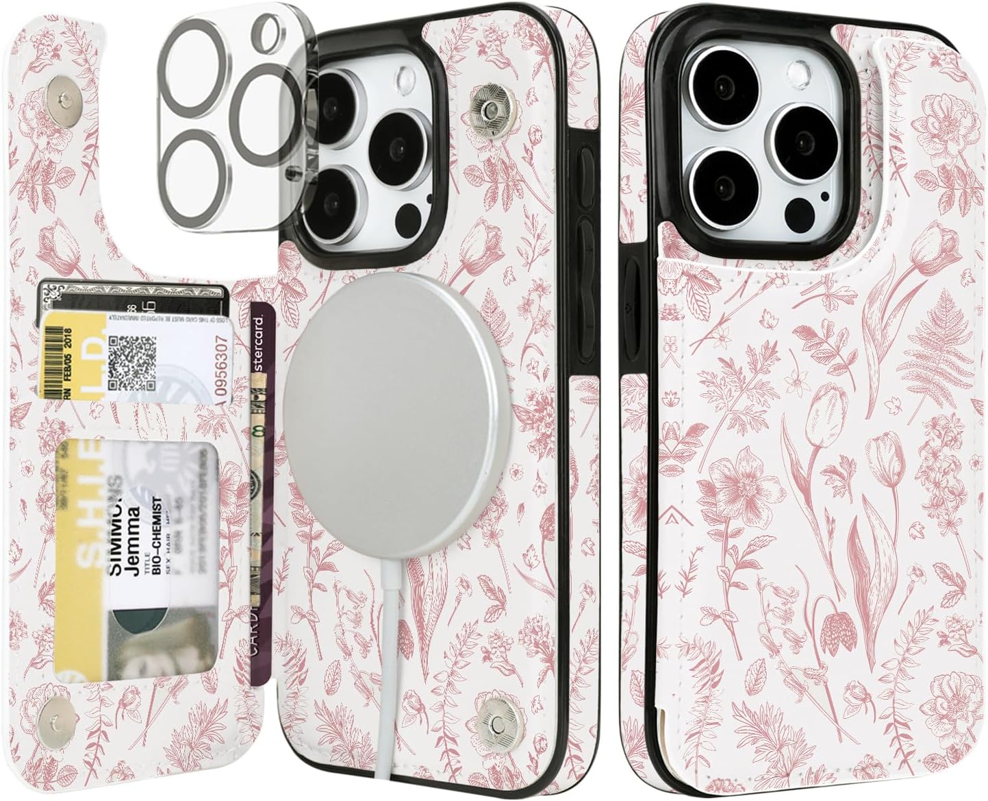 uCOLOR for iPhone 15 Pro Wallet Case with Card Holder Slot【Compatible with MagSafe】 Folio Flip PU Leather RFID Blocking Design with Camera Lens Protector (Nude Flowers, iPhone 15 Pro 6.1")