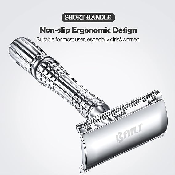 BAILI Double Edge Safety Razor Rust-proof Reusable Manual Stainless DE Wet Shaving for Men Women with Mirrored Travel Case BD176B