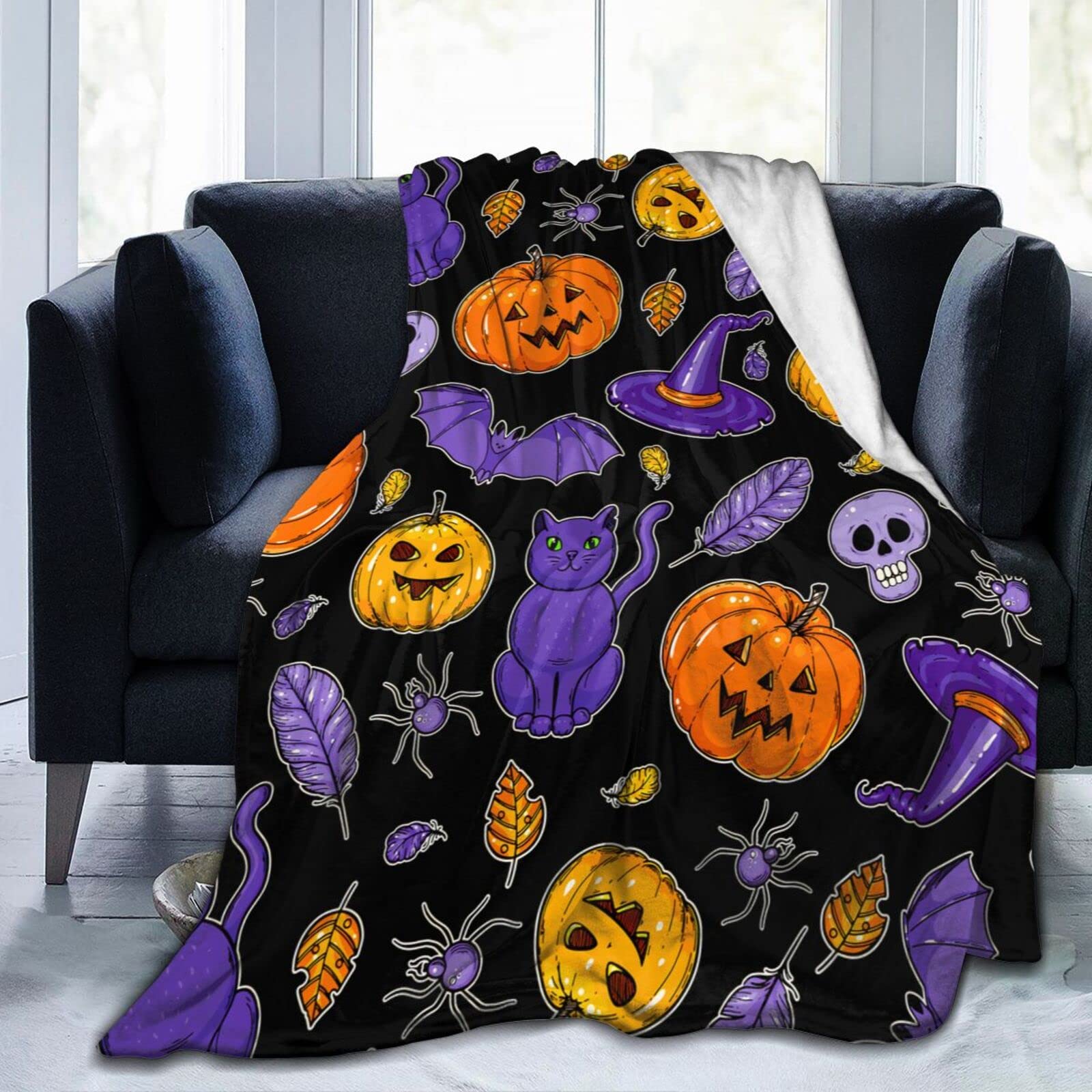 Lsjuee Halloween Throw Blanket Warm Blankets Lightweight Soft Cozy Flannel Funny Halloween Blanket for Sofa Couch Bed 80"X60"