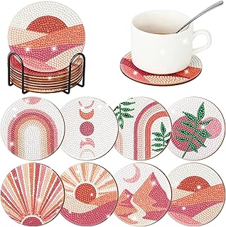 8 Pcs Diamond Coasters Farmhouse Diamond Painting Coasters with Holder DIY Inspirational Coasters Rustic Absorbent Coasters for Drinks 4 Inch Diamond Painting Kit Outdoor Coasters (Boho)