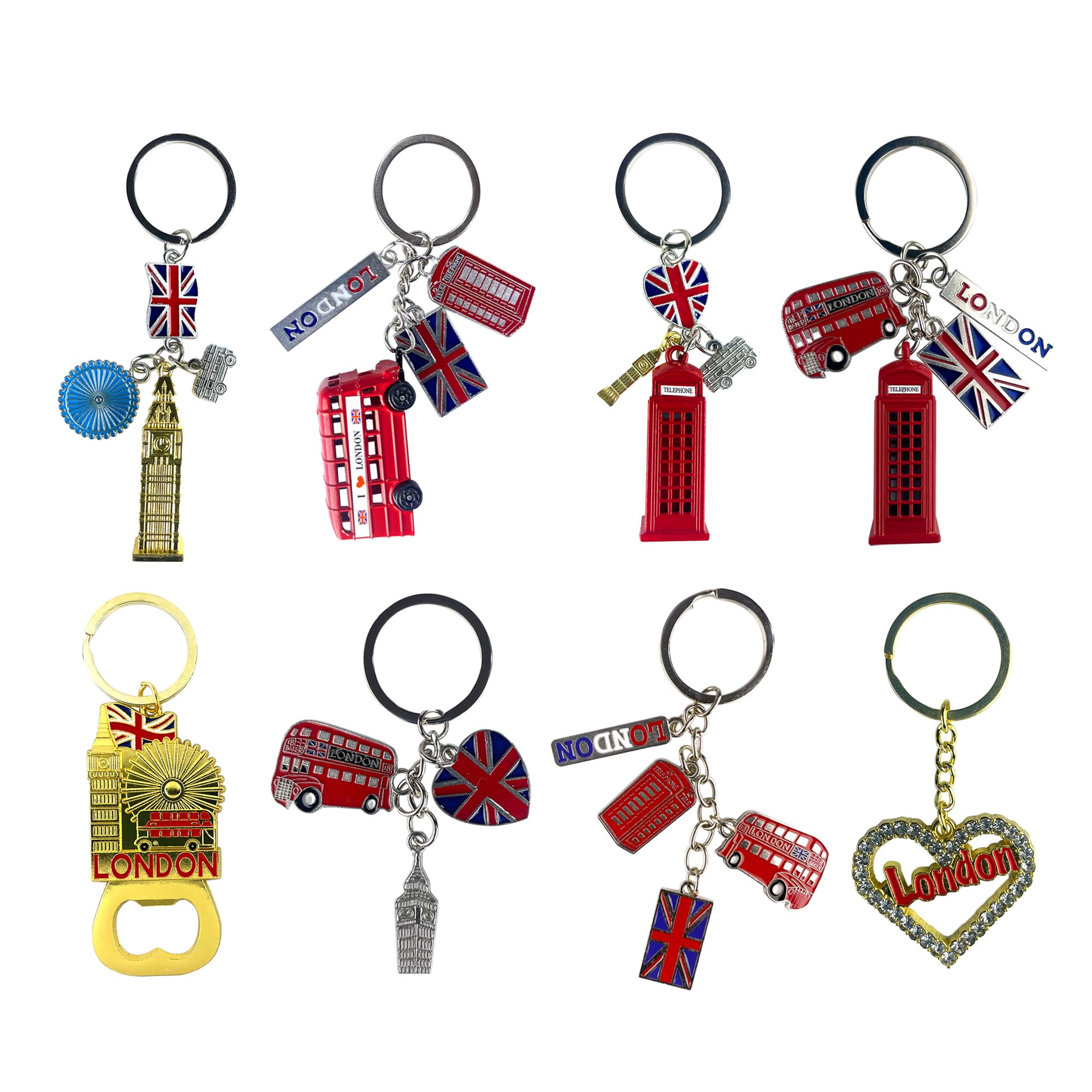 Lilaj Unisex Multi Set Of 6 London Souvenir Chain Keychains, British Icons - Telephone Booth, Double-Decker Bus, Big Ben, 3D Replicas, Ideal For Keys & Bags, Cute Keyring Ornament, Home Decor Gift