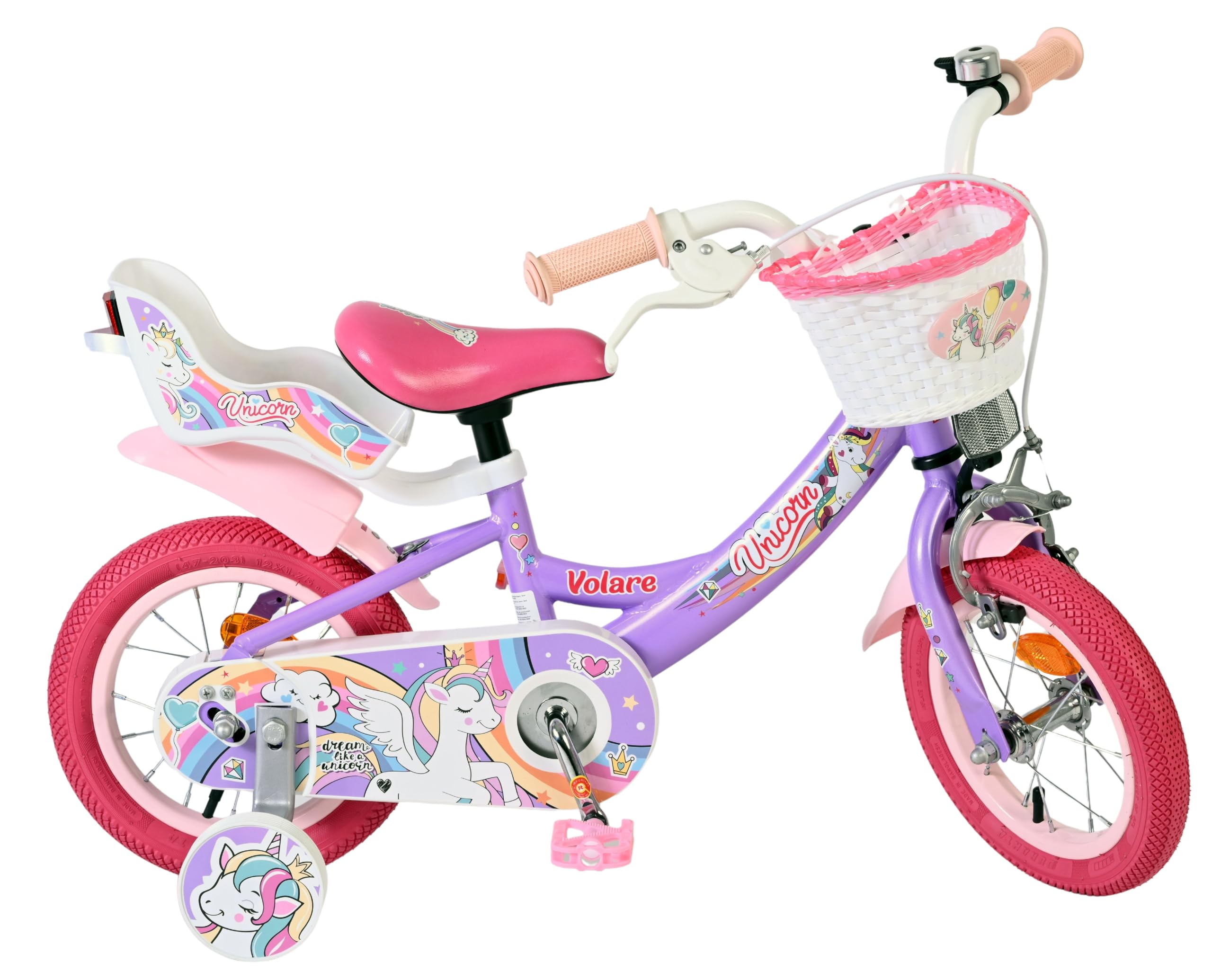 Volare Kinderfahrrad lila mit Einhorn-Sitz & rosa Felgen | Rücktritt & Handbremse | Stützräder | 3–5 Jahre | Robuste Reifen | Leicht montierbar | Geschenkidee