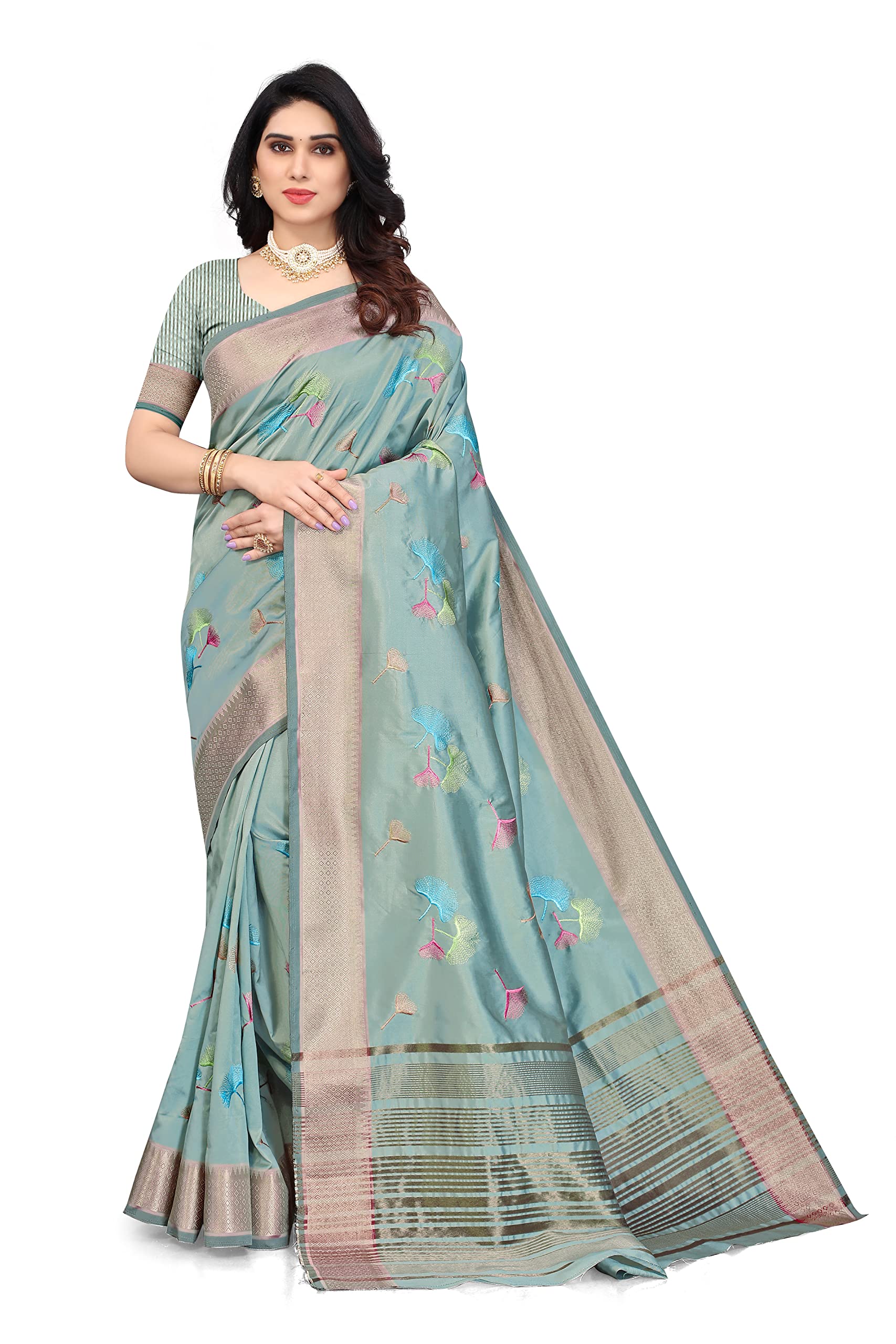 SERONA FABRICSWomen's Banarasi Soft Cotton Silk With Colourful Thread Embroidery Work Saree with Blouse, Light Blue, One Size