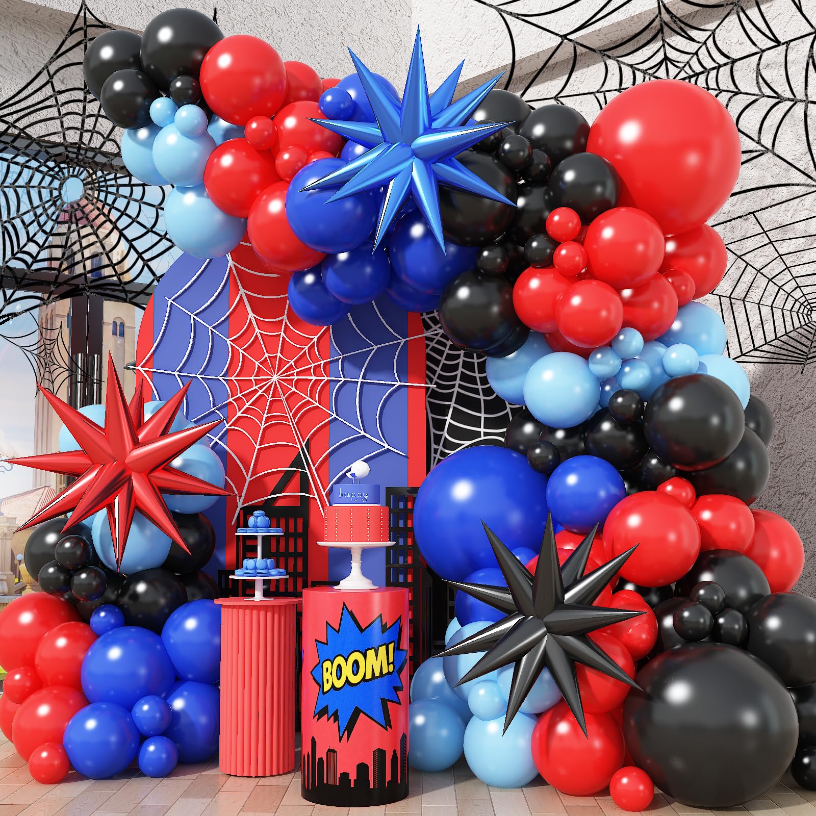 Adeyoo Red Blue Black Balloon Arch Garland Kit - Royal Blue Black Red Balloons Arch with Explosion Star Foil Balloons for Halloween Birthday Baby Shower Wedding Anniversary Party Decorations — image 1