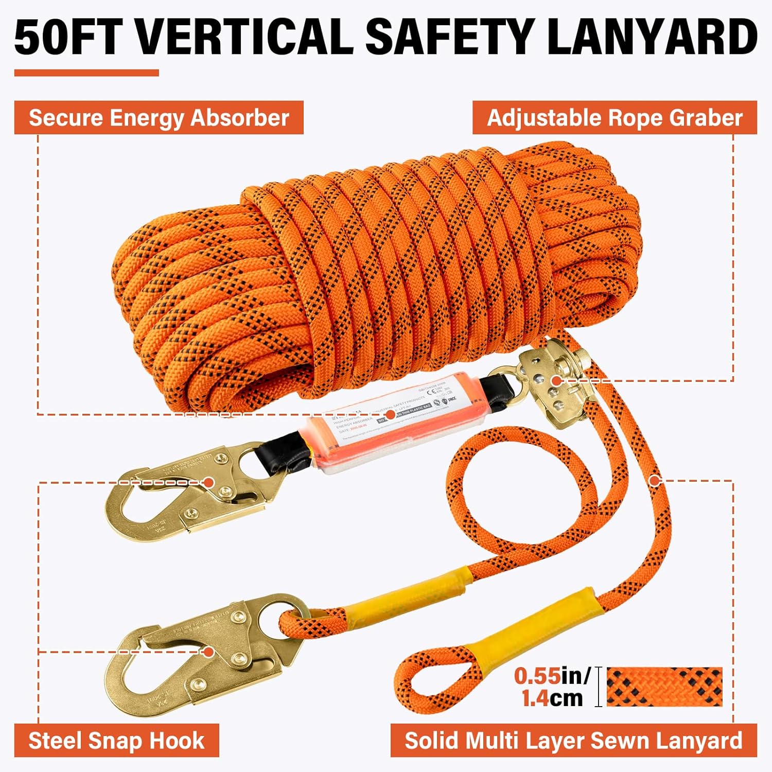 Safety Harness Fall Protection Kit - Roofing Harnesses 50ft Safety Rope Lanyard Kit 5 Gallon Bucket Kit Roof Top Anchor Construction Work 20pcs Nails Included