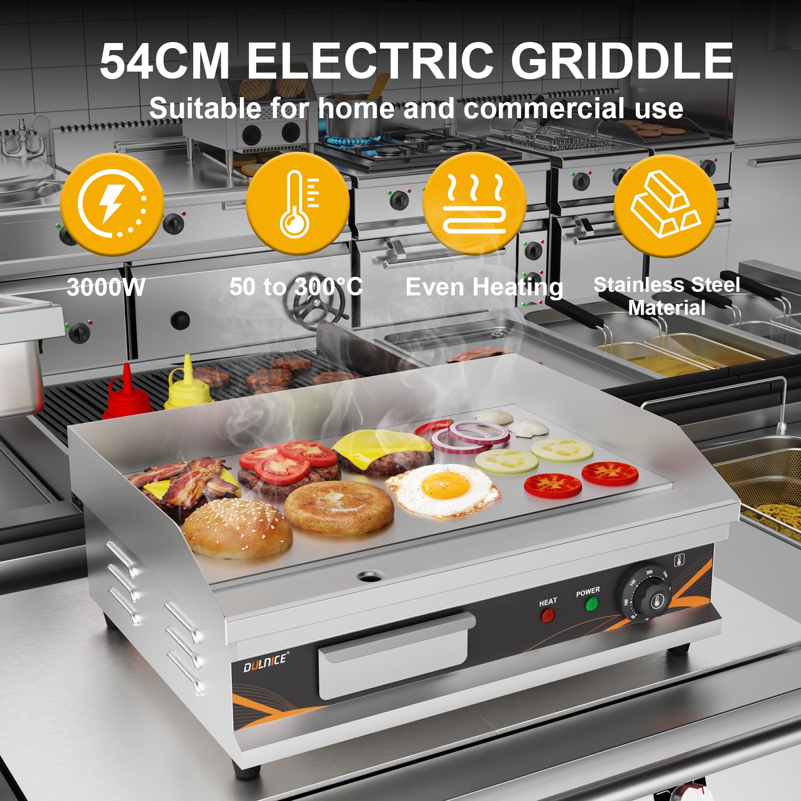 Plancha Electrica Profesional de Acero Inoxidable 3000W, Plancha Cocina Electrica 54 x 30 cm Temperature 50-300°C con Bandeja Recoge Grasa | Plancha eléctrica rango de temperatura 50 – 300 °C, cajón de aceite extraíble, barbacoa Teppanyaki para casa o res