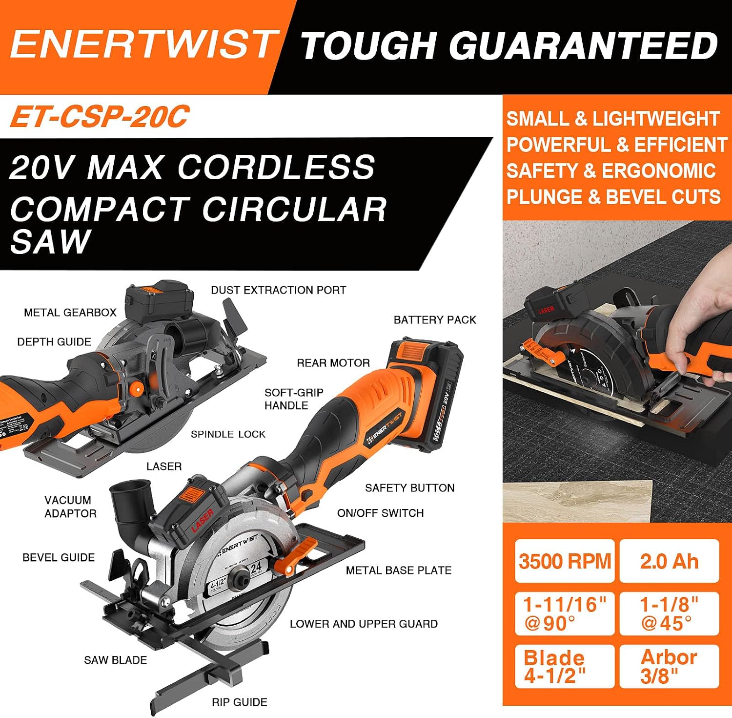 ENERTWIST 20V Max 4-1/2" Cordless Circular Saw with 2.0Ah Lithium Battery and Charger, Includes Laser & Parallel Guide, Wood Plastic Soft-metal Multifunction Cutting Blades, Vacuum Adaptor