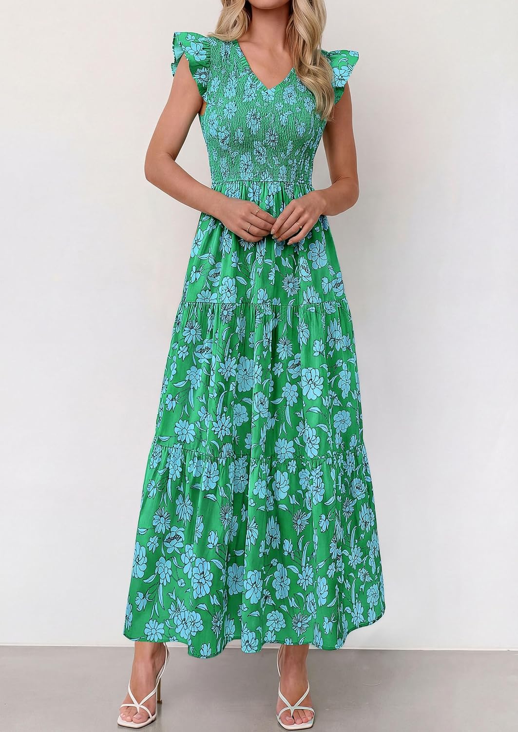 PRETTYGARDEN Women's Boho Floral Maxi Dress 2026 Summer Smocked V Neck Ruffle Sleeve Spring Flowy Beach Vacation Sundresses