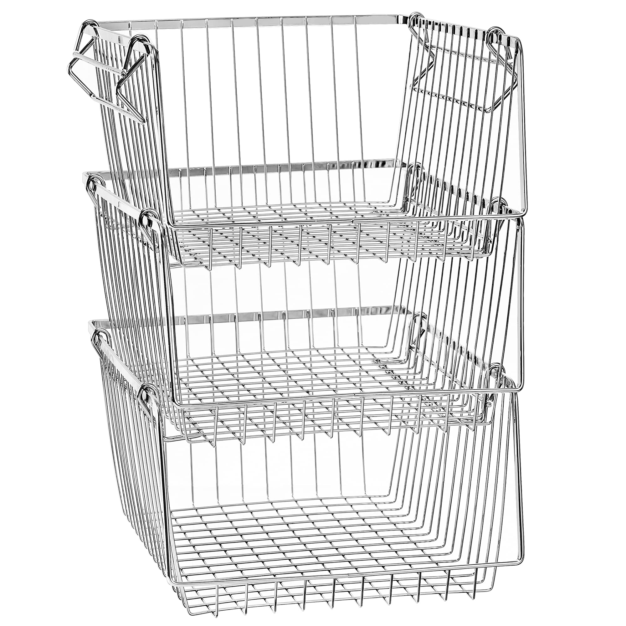 blitzlabs Wire Storage Baskets Stackable Refrigerator Organizer Bins Sturdy Metal Wire Bin Baskets Organization Baskets for Storage with Handles for Kitchen, Closets, Bathroom, Cabinets -Set of 3