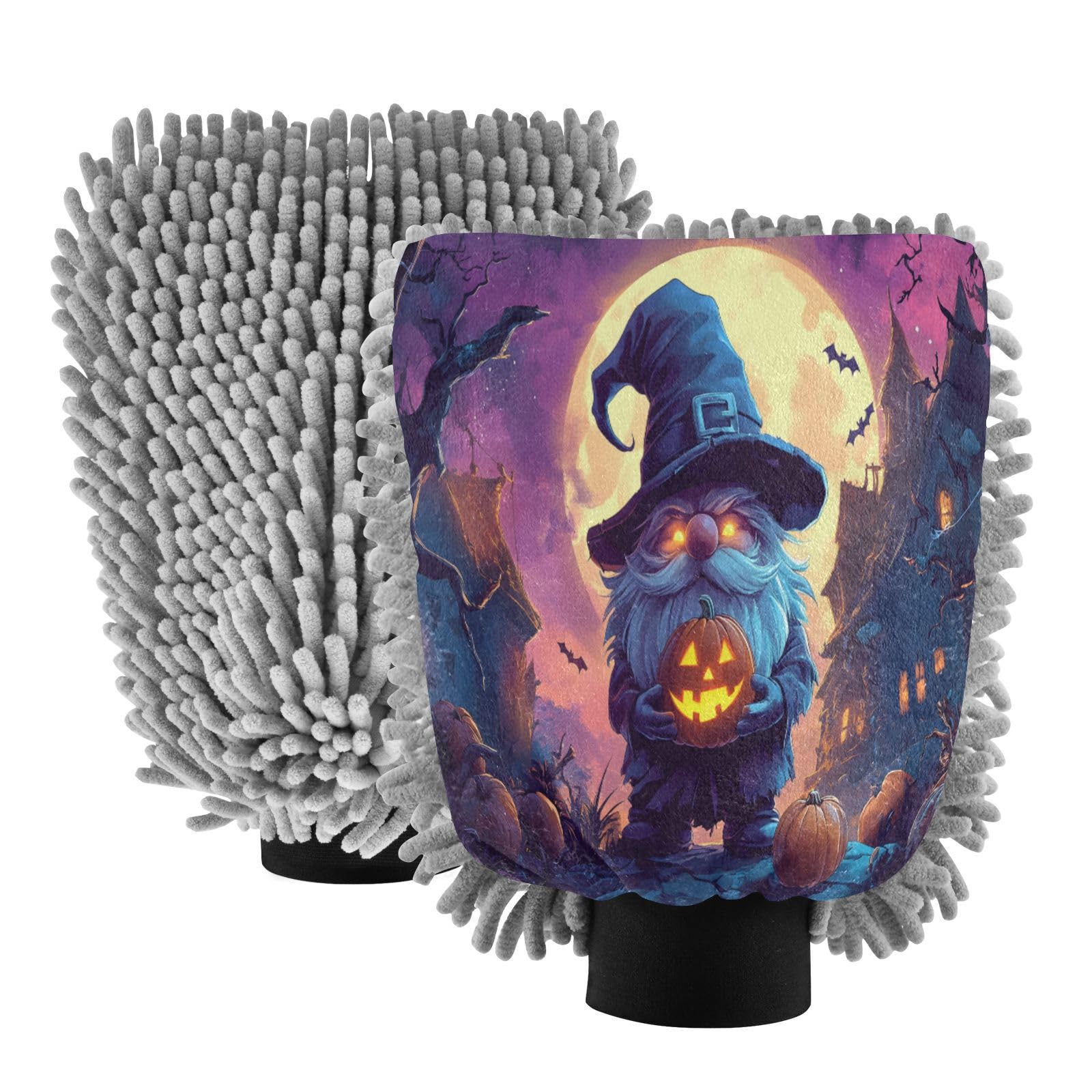 ALAZA Halloween Night Gnome Car Wash Mitt Scratch Free, 2 Pack Absorbent Microfiber/Chenille Washing & Drying Mitts, M
