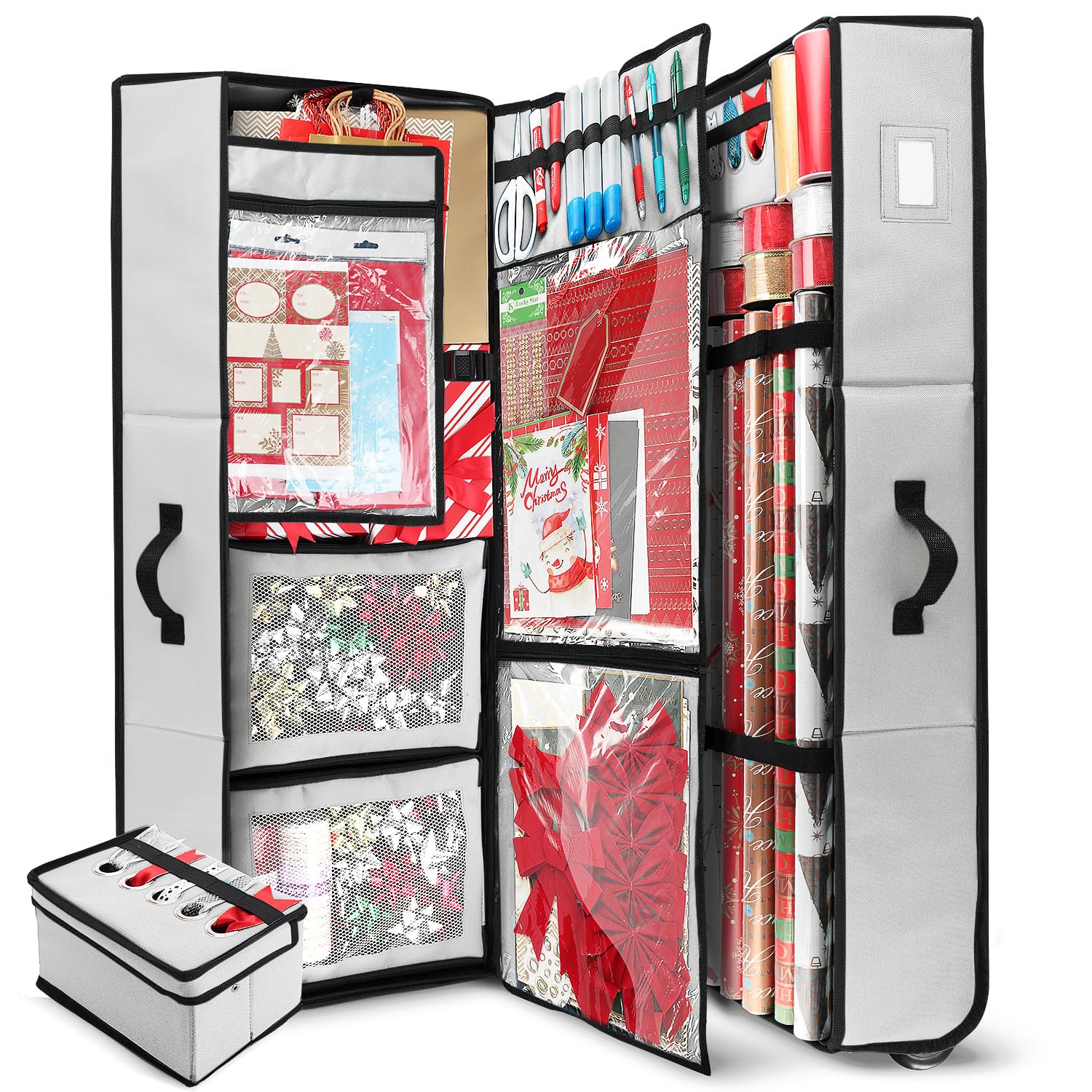 Hearth &amp; Harbor Wrapping Paper Storage Container with Ribbon Dispenser and Interior Pockets - Large Christmas Storage Containers with Wheels, Fits 30 Rolls of 40" Length, Silver