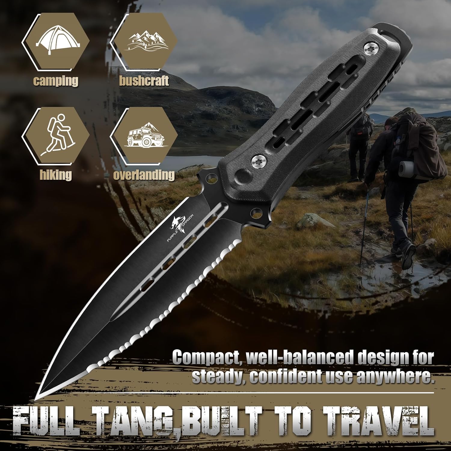 Purple Dragon Fixed Blade Knife with Kydex Sheath,440C Steel Full Tang Outdoor Utility Knife with G10 Handle for Camping, Hiking,Bushcraft & Outdoor Use-Black