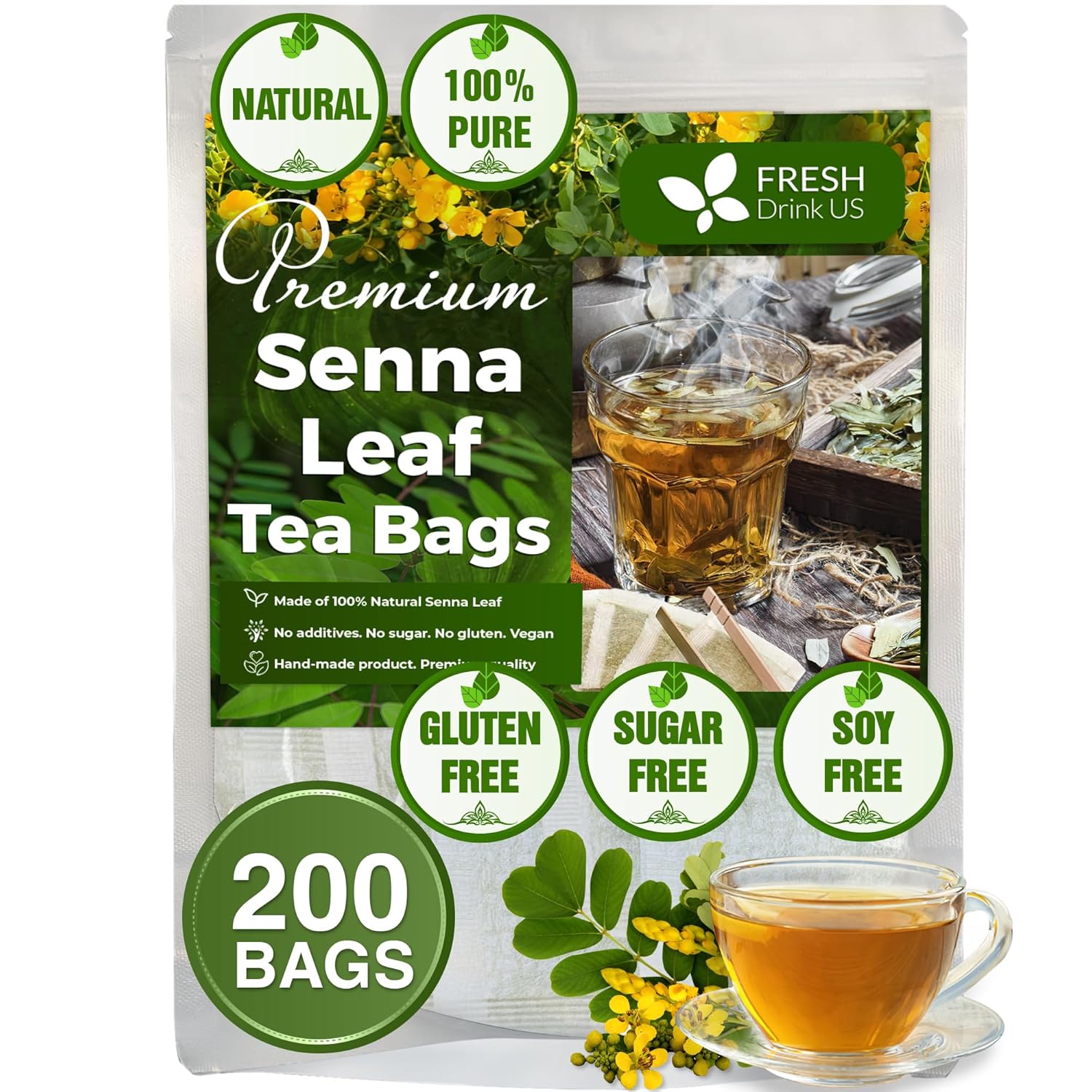200 Senna Leaf Tea Bags, 100 Natural & Pure from Senna Leaves. Loose Leaf Senna