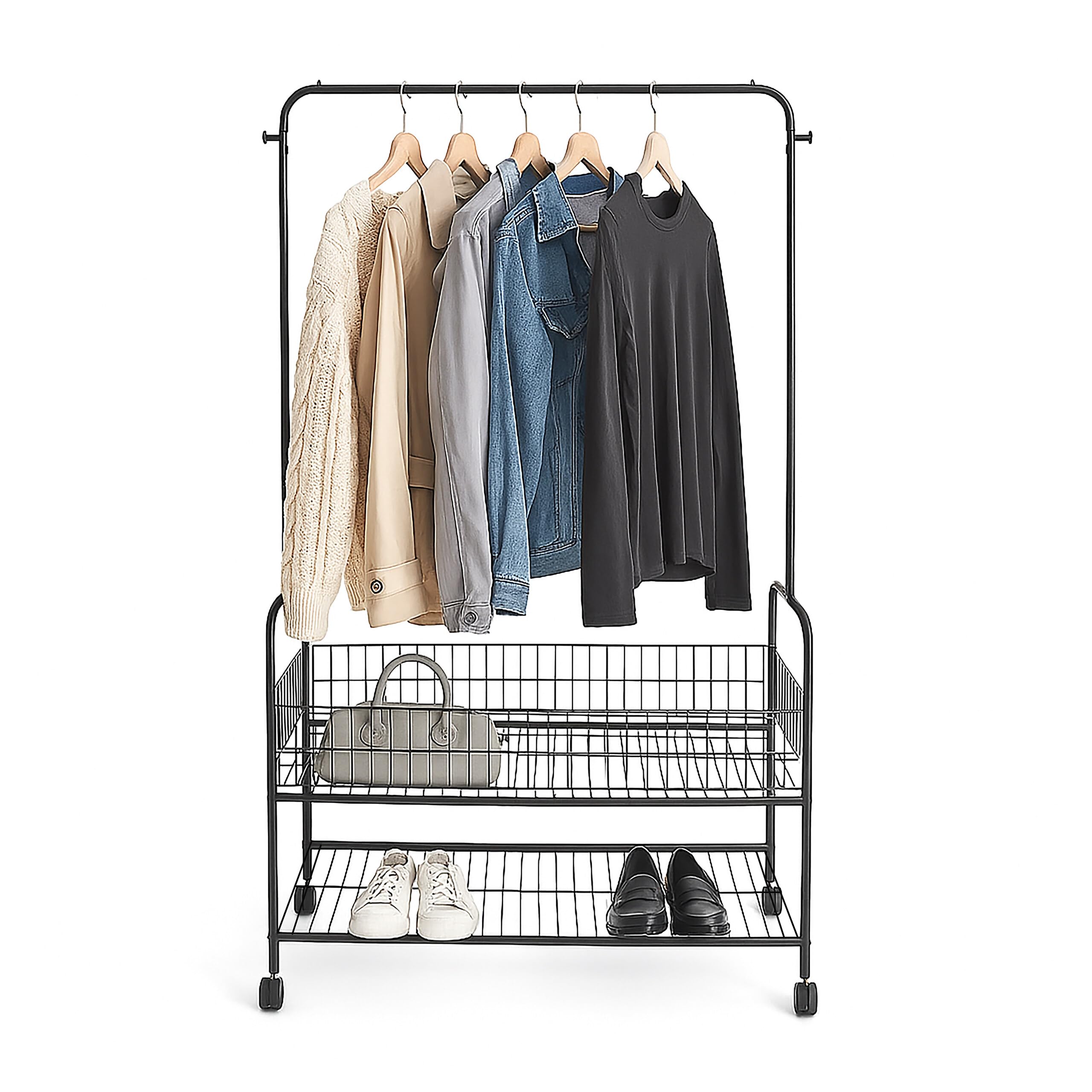 Relaxdays mobile coat rack with wheels, 2 shelves, coat rail, hooks, HWD 165 x 90 x 30 cm, black wardrobe