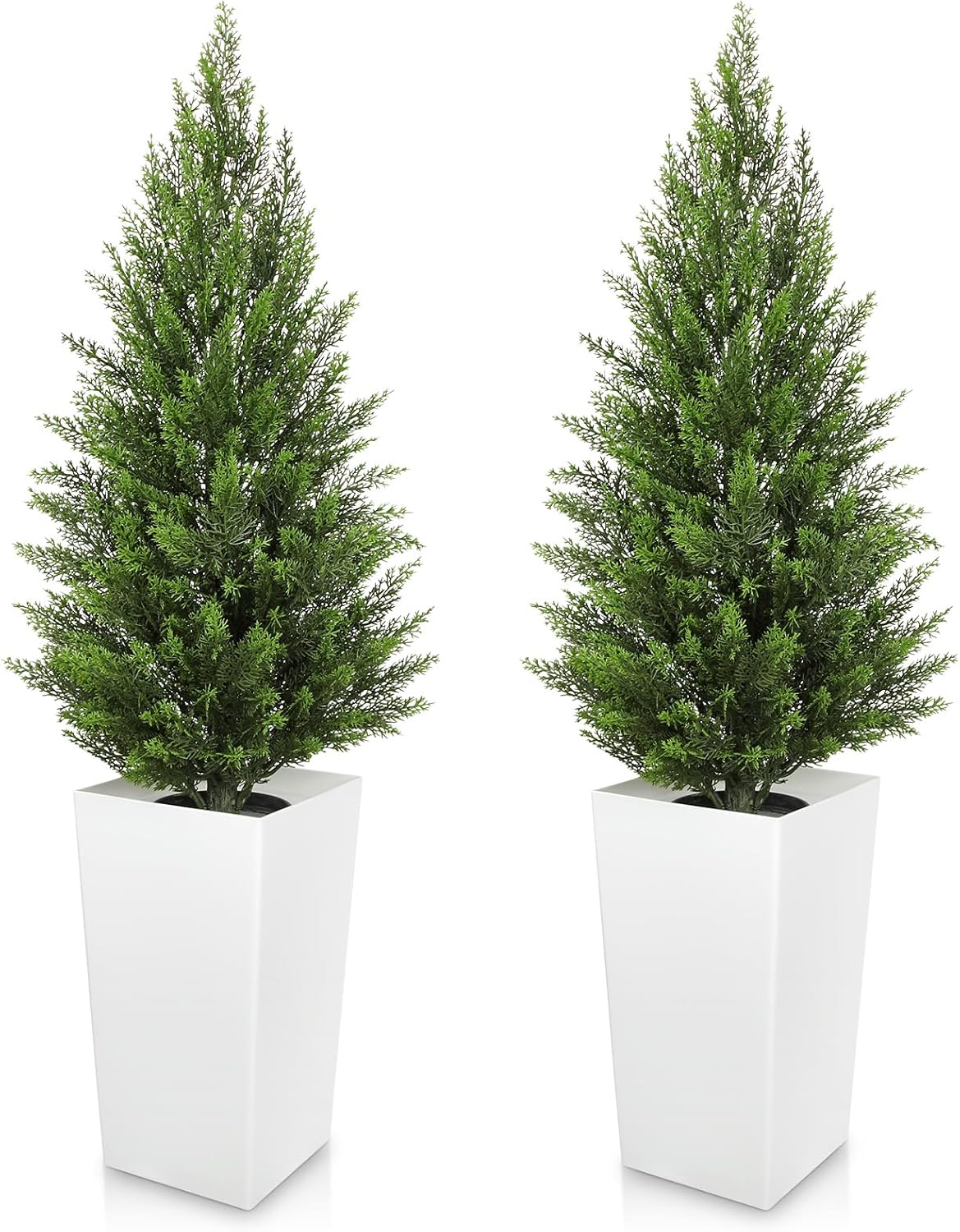 Briful Artificial Cedar Topiary Trees 4ft, Set of 2 Faux Potted Christmas Porch Trees Cypress Sbrubs, UV-Resistant Front Door Greenery in Tall White Planter for Indoor Outdoor Holiday Décor