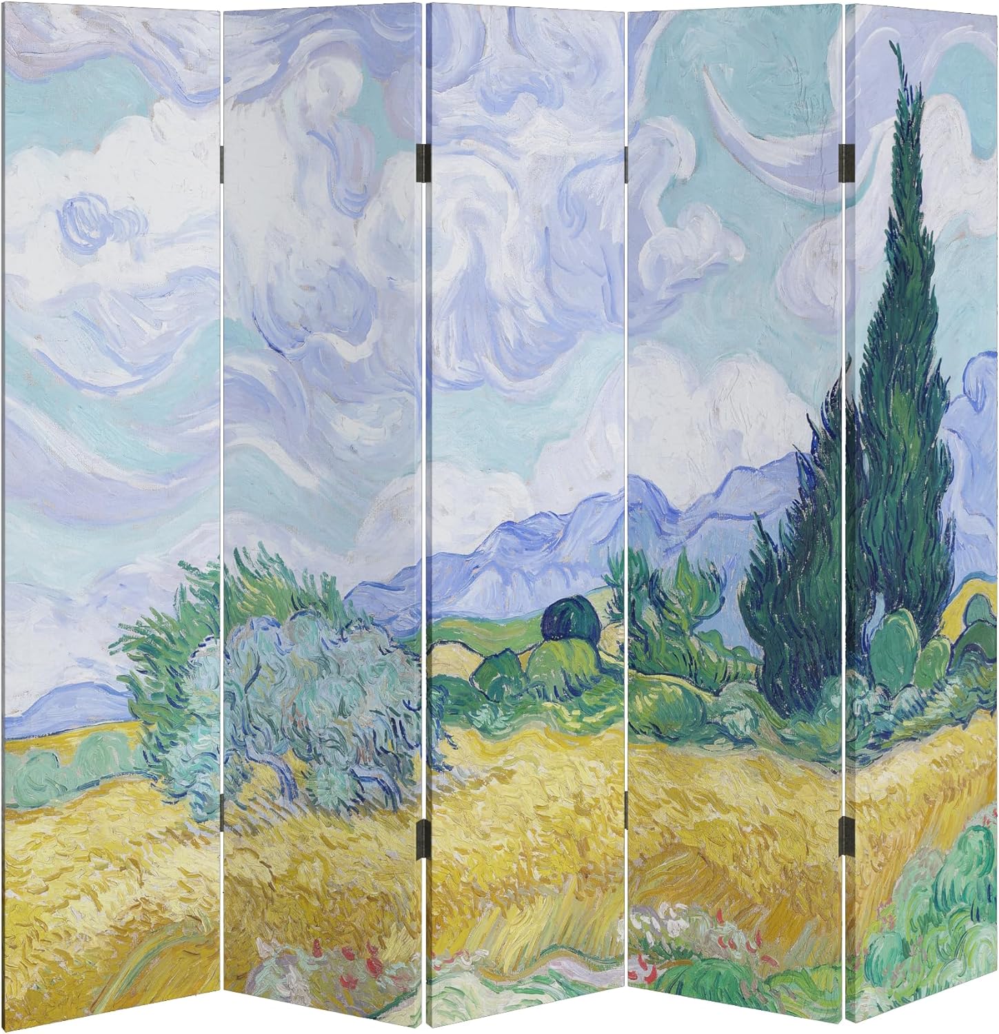 5-Panel Folding Room Divider Privacy Screen Van Gogh's Wheat Field with Cypresses Painting Canvas Foldable Portable Room Separating Divider Room Partition Freestanding Home Decor 71'' High