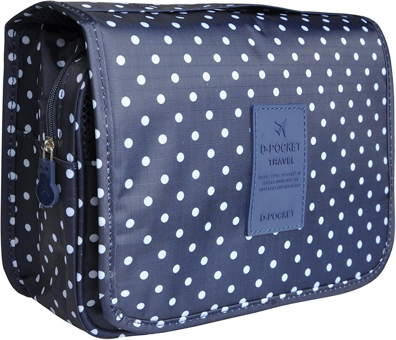Hanging Travel Makeup Cosmetic Bag - Lady Color Foldable Organizer Travel Kit Makeup Toiletry Bathroom Bag for Women/Men, Shaving Kit with Hanging Hook for vacation (Navy Dot)