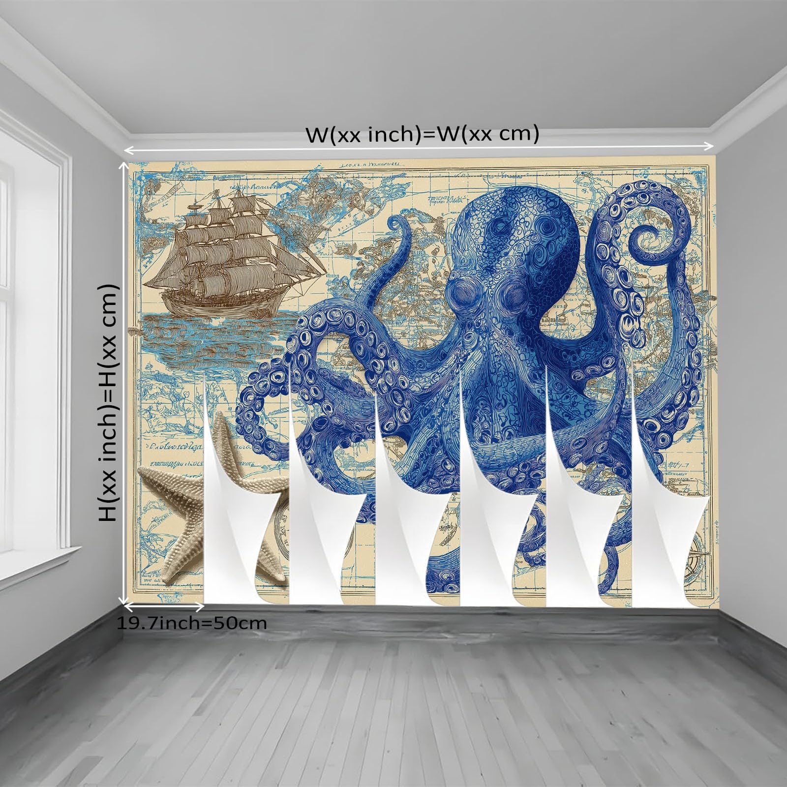 Tapeta ścienna 350 x 256 cm do salonu sypialnia kuchnia - Design z ilustracją morską ośmiornica mapa - łatwa w montażu, drukowana w wysokiej rozdzielczości, wodoodporna i łatwa do czyszczenia