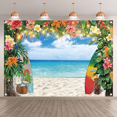 Telón de fondo de fotografía de playa hawaiana de verano de 7 x 5 pies, flores tropicales, hojas de palma, fondo de tabla de surf, decoración de