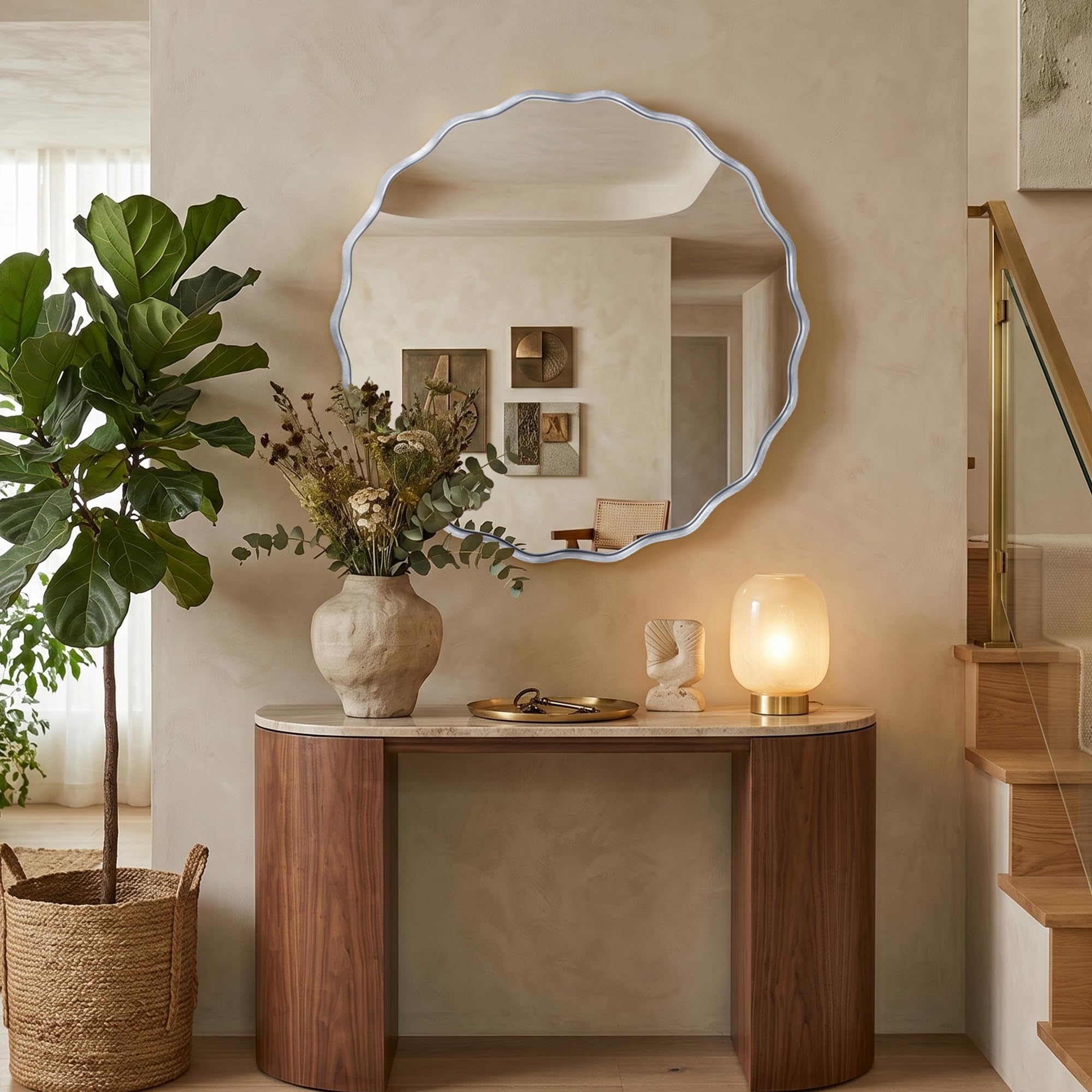 Specchio Da Parete Rotondo Ondulato con Cornice in Alluminio Spazzolato & Vetro Temperato Di Sicurezza per Bagno, Ingresso & Soggiorno