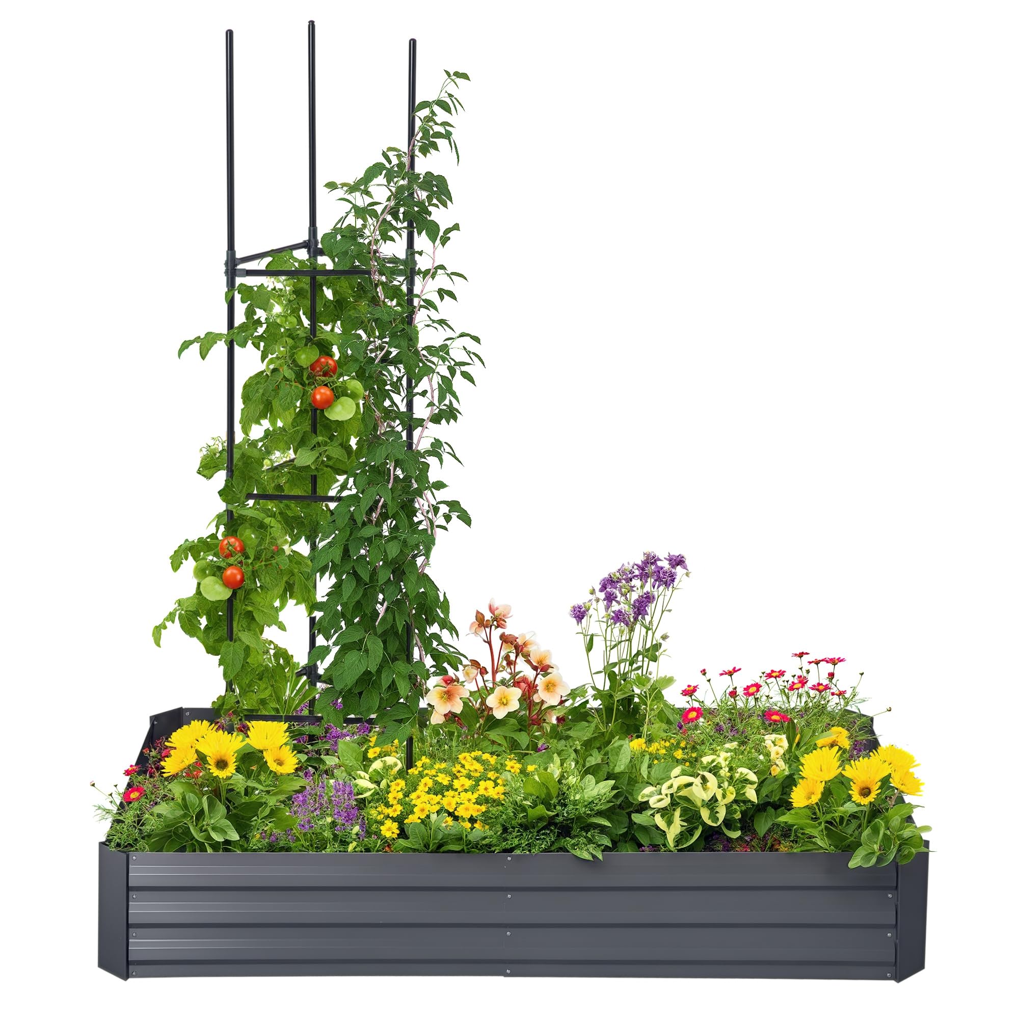 Outsunny Orto Rialzato fioriera rettangolare in acciaio zincato grande capacità 180 x 90 x 29,5 cm con tutori per pomodori e piante rampicanti