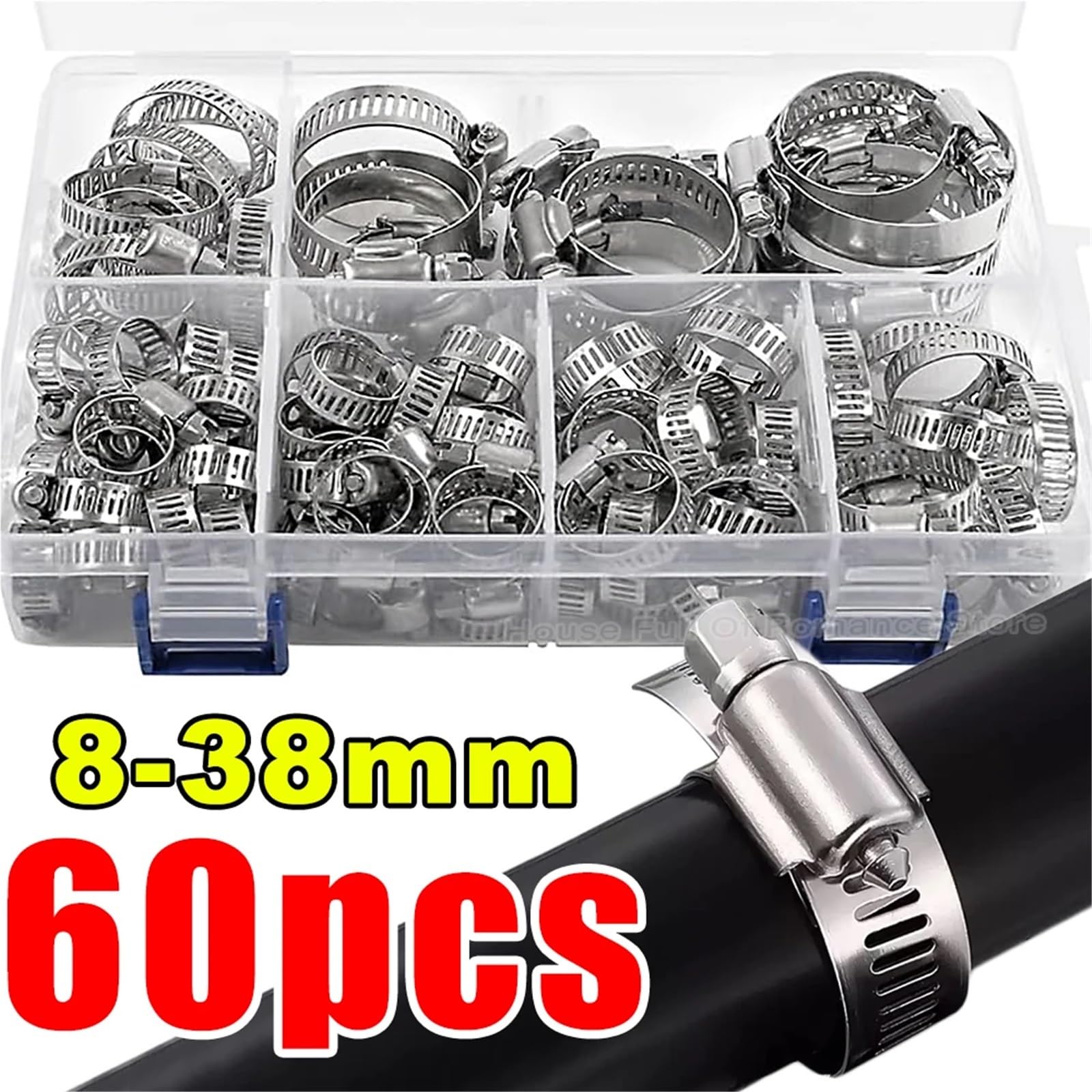 Schlauchschellen-Set, Edelstahl, verstellbar, Schneckengetriebe, Schraubband, Schlauchschelle for Rohr, Kraftstoffschlauch, Wasserhahn, Befestigungs-Sortiment(40pcs-box)