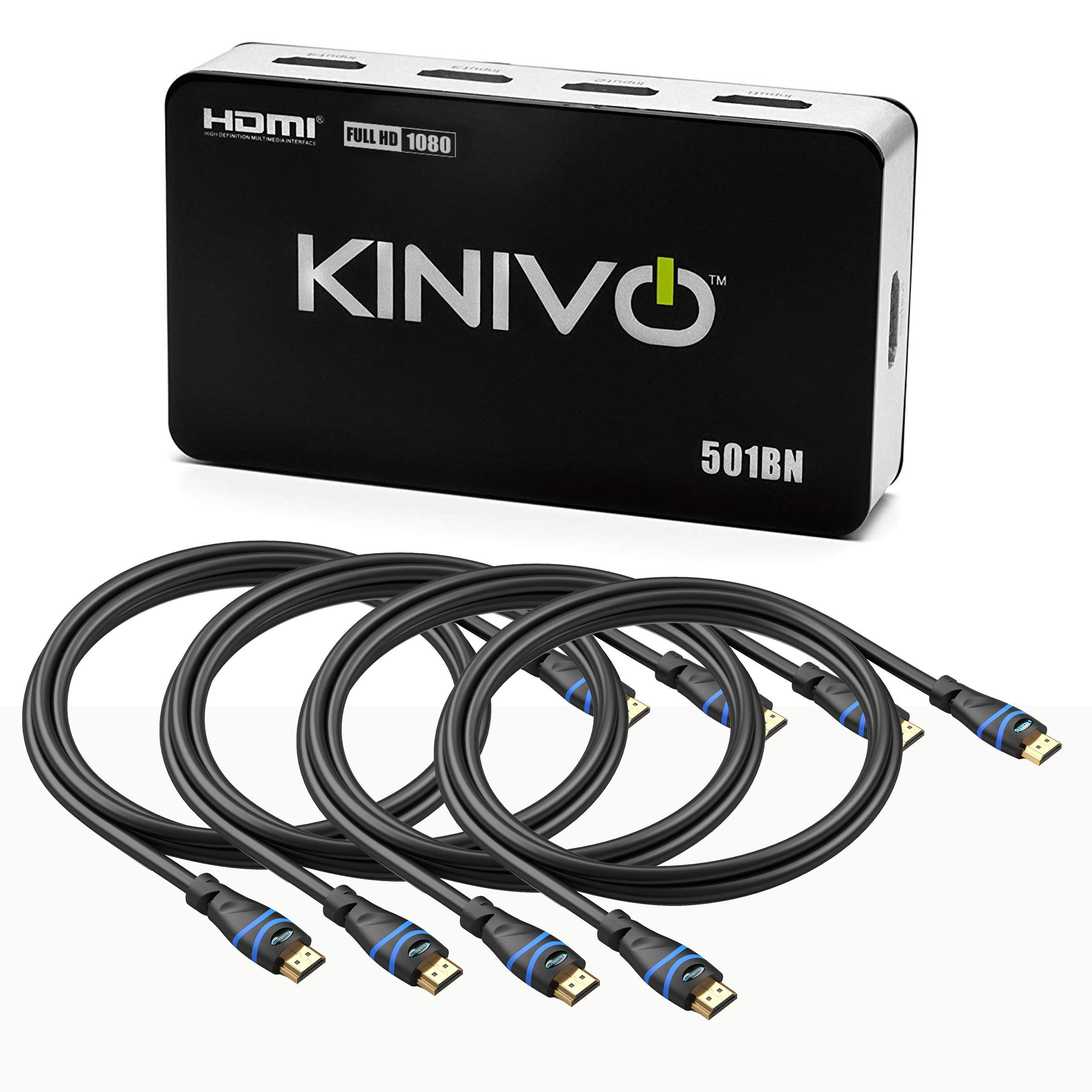 Kinivo501BN 4K HDMI Switch with BlueRigger 6.6FT - 4 Pack 4K HDMI Cable (4K 30Hz, 5 Port Switch, Auto Switching)