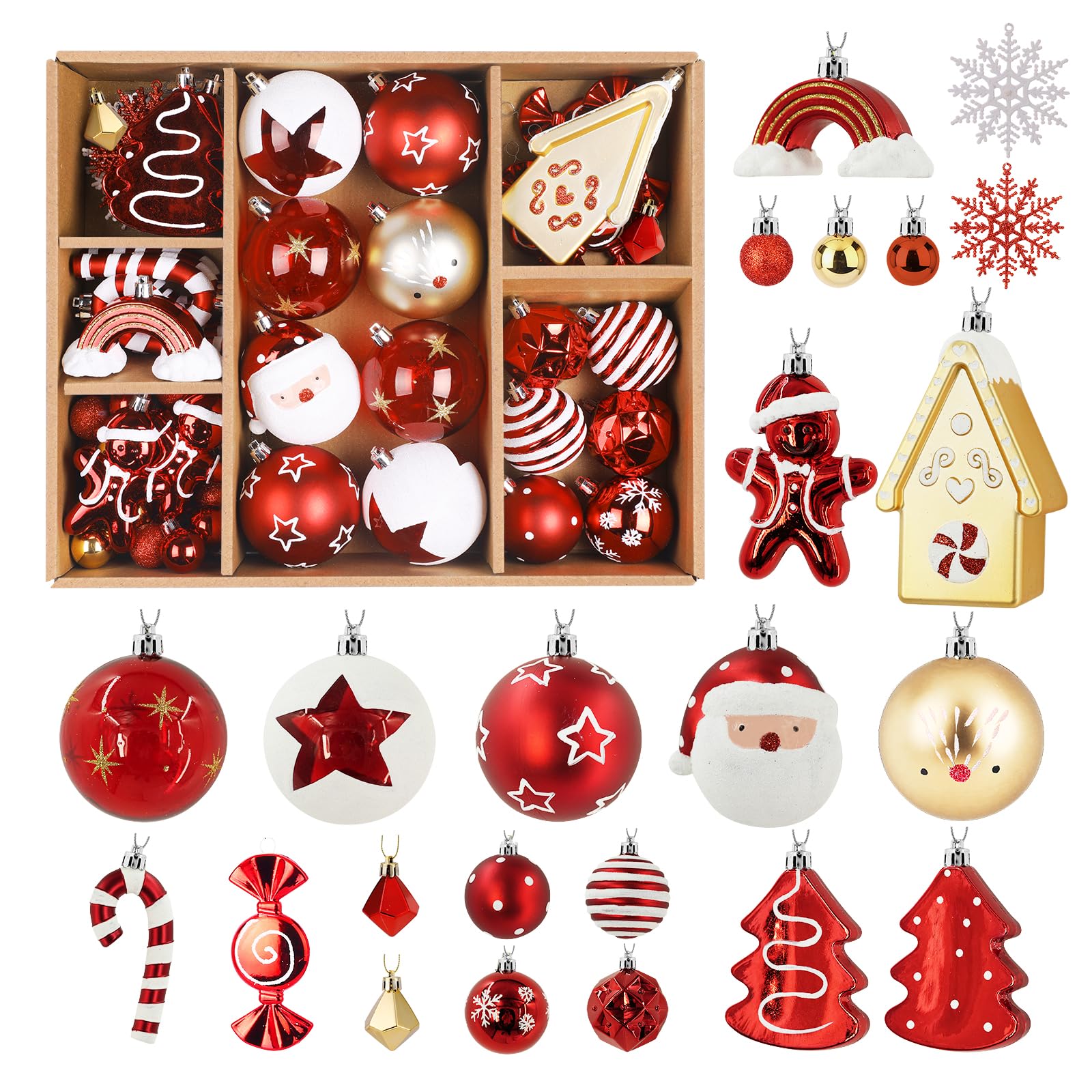 Alupssuc 80pcs Christmas Balls Ornaments Set, Red, White and Gold | Shatterproof Plastic Baubles Gingerbread House, Tree Topper & Hanging String, Decorations for Xmas Tree Holiday Wedding Party