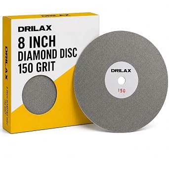 Drilax 8 Inch Diamond Flat Lap Disc 150 Grit | 8" x 1/2" Arbor Hole | Single Sided Diamond Grinding Wheel for Lapidary, Gemstone, Glass, Stone Shaping, Jewelry Making | Solid Steel Base