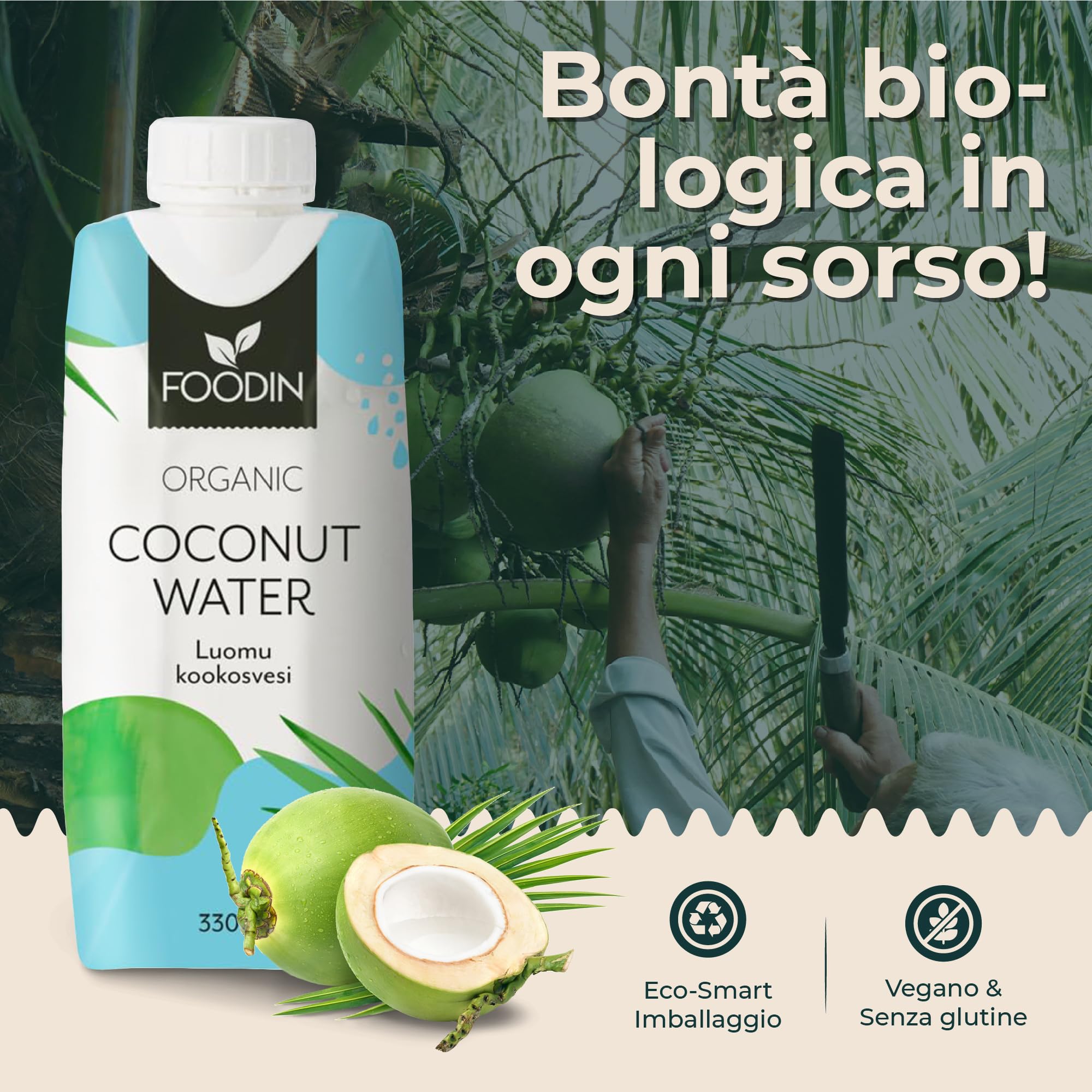 Foodin Acqua di Cocco Biologica, Naturalmente Idratante con Elettroliti, Senza Grassi, Senza Glutine, Non OGM, A Basso Contenuto Calorico - Dissetante Lenitivo - Confezione da 12 (12x330ml)