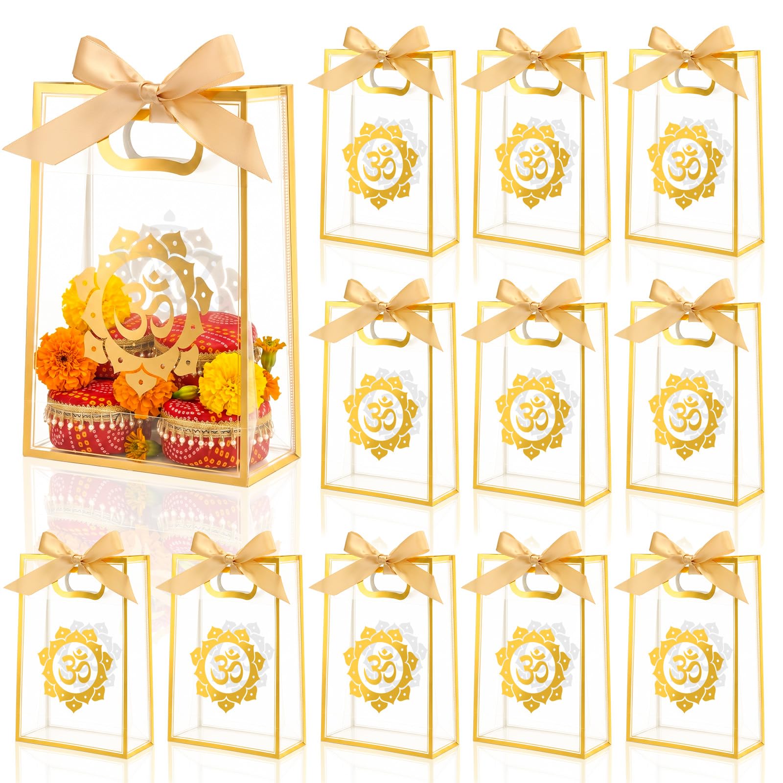 Bulyoou 12 Pcs Indian Return Plastic Gift Bags for Wedding Bulk 10 x 7 Inches Hindu Religious Pooja Wedding Party Favor Bags with Handle Small Diwali Pouch for Indian Pooja Housewarming (Om Symbol)